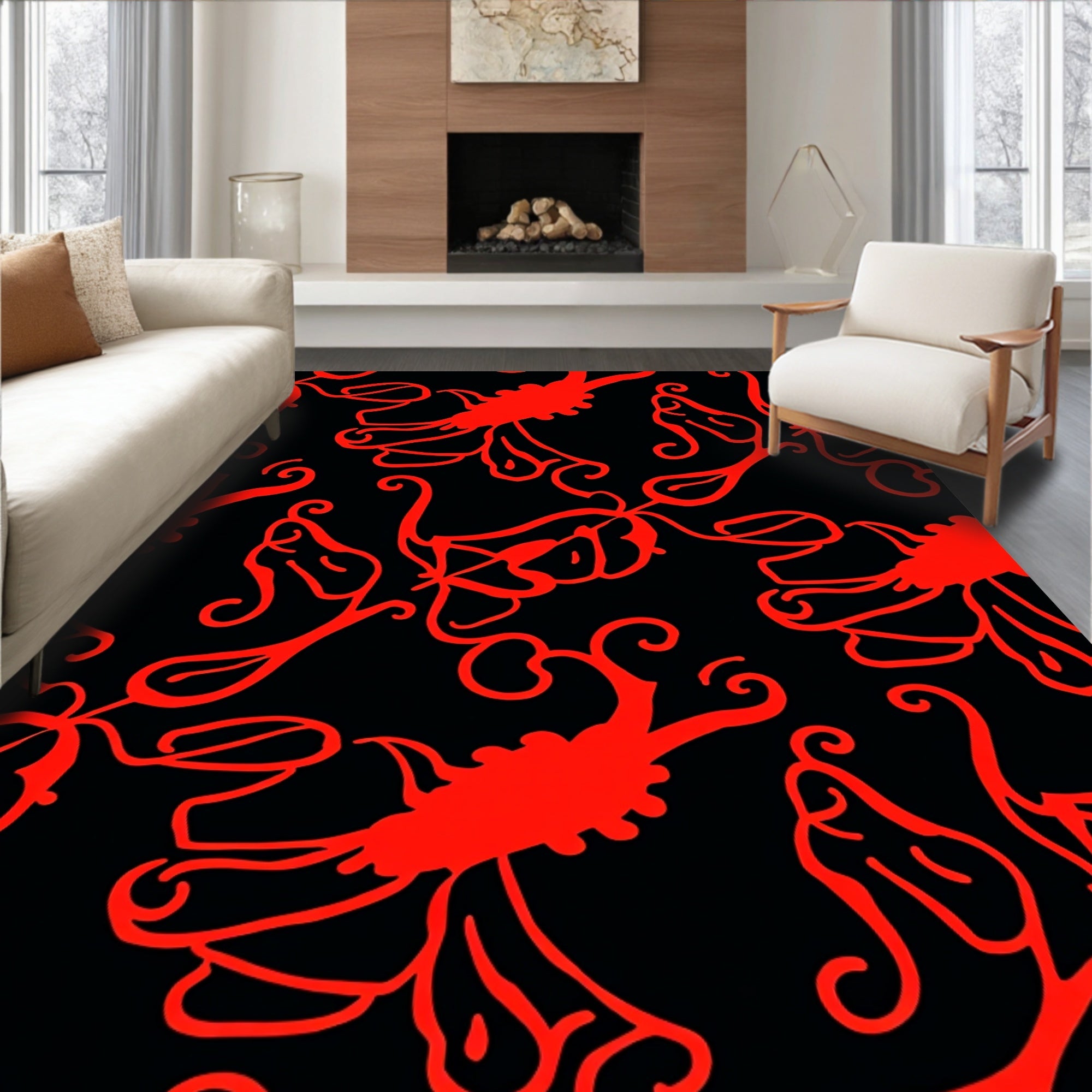 Bold Red Floral Swirls Rug