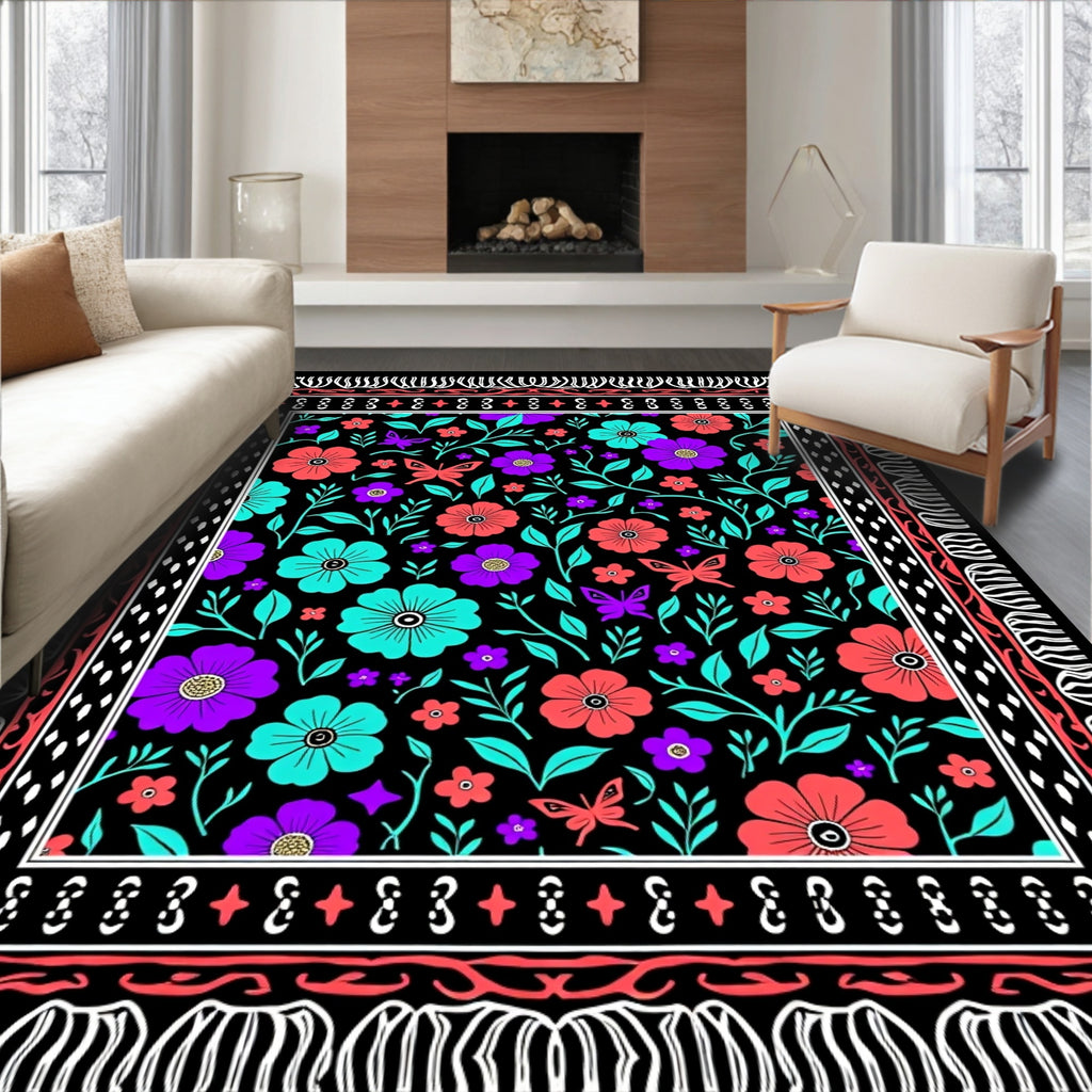 Vibrant Flower Butterfly Garden Rug