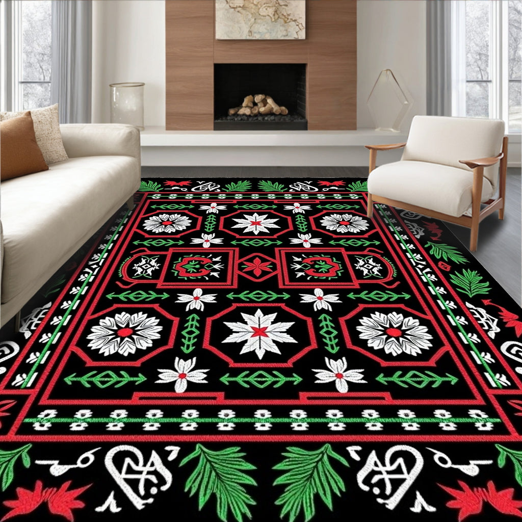 Bold Floral Lattice Red Green Black Rug