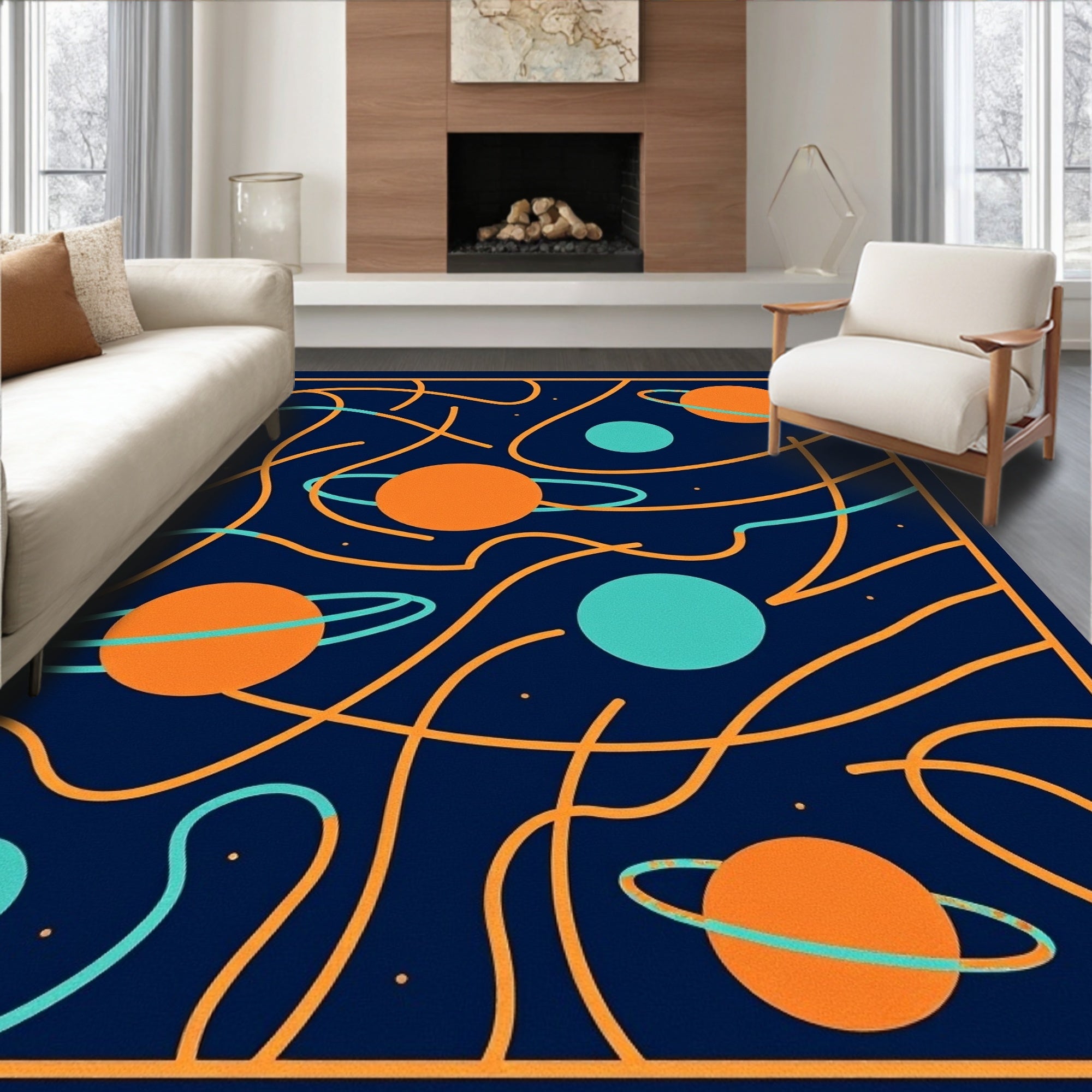 Cosmic Orange Blue Planet Swirl Rug