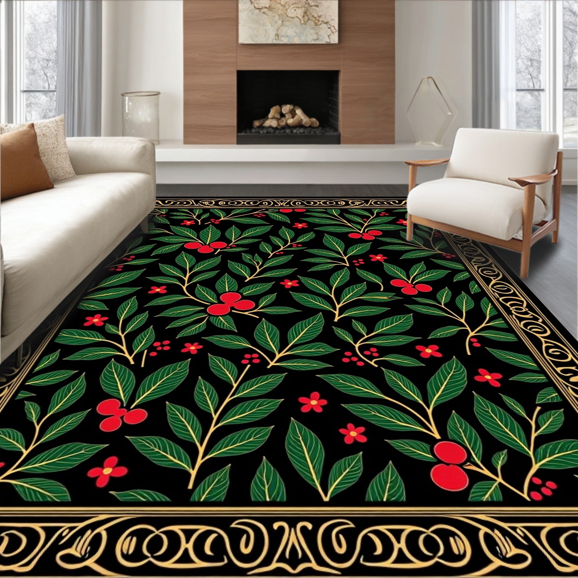 Crimson Berry Foliage Golden Border Rug