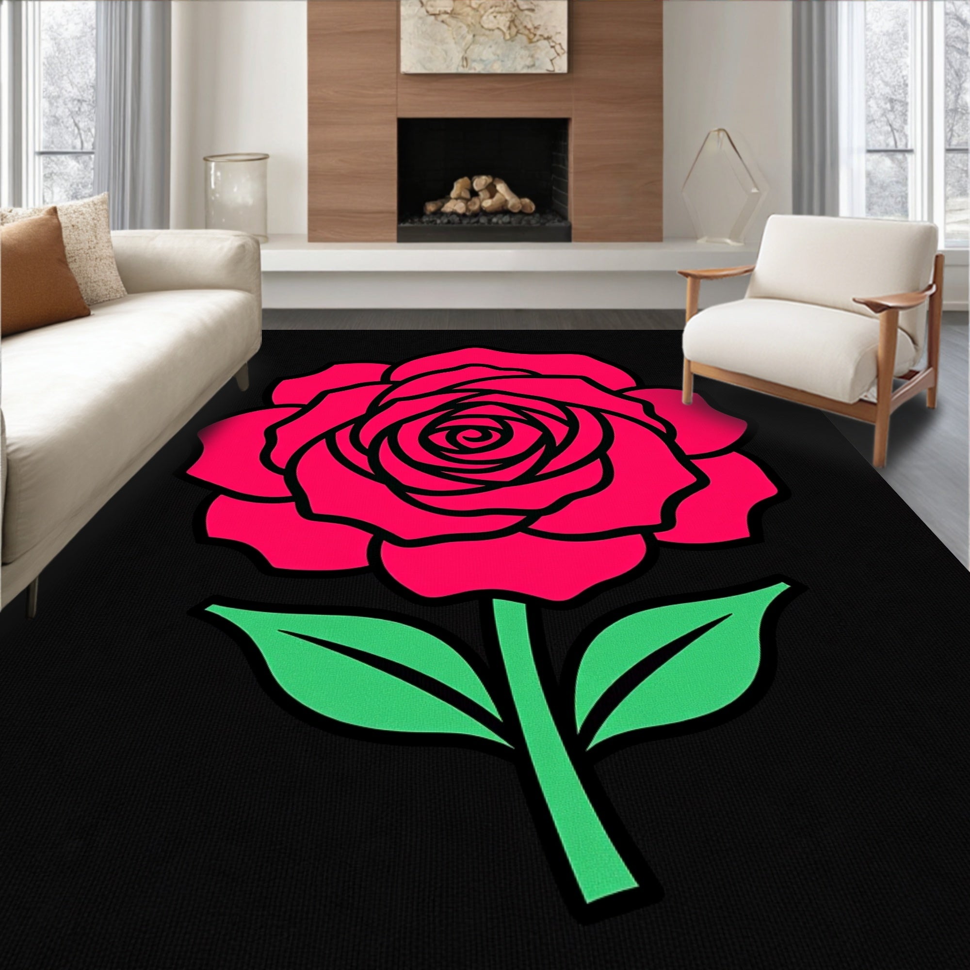 Bold Pink Rose Stem With Leaves Rug