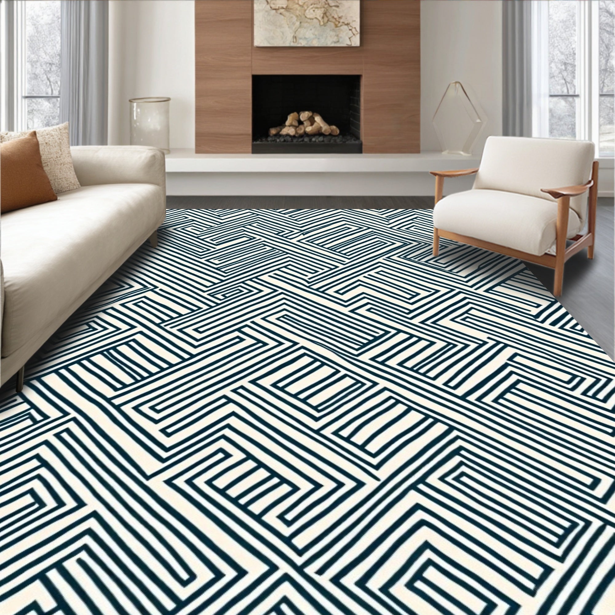 Deep Blue Geometric Maze Rug