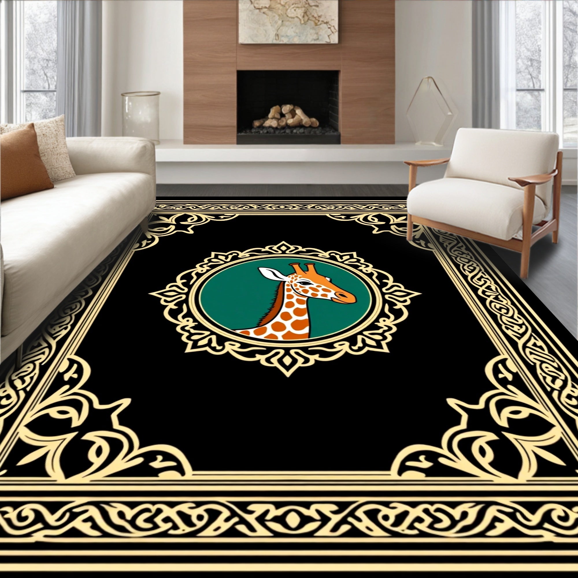 Elegant Giraffe Portrait Black Emerald Border Rug