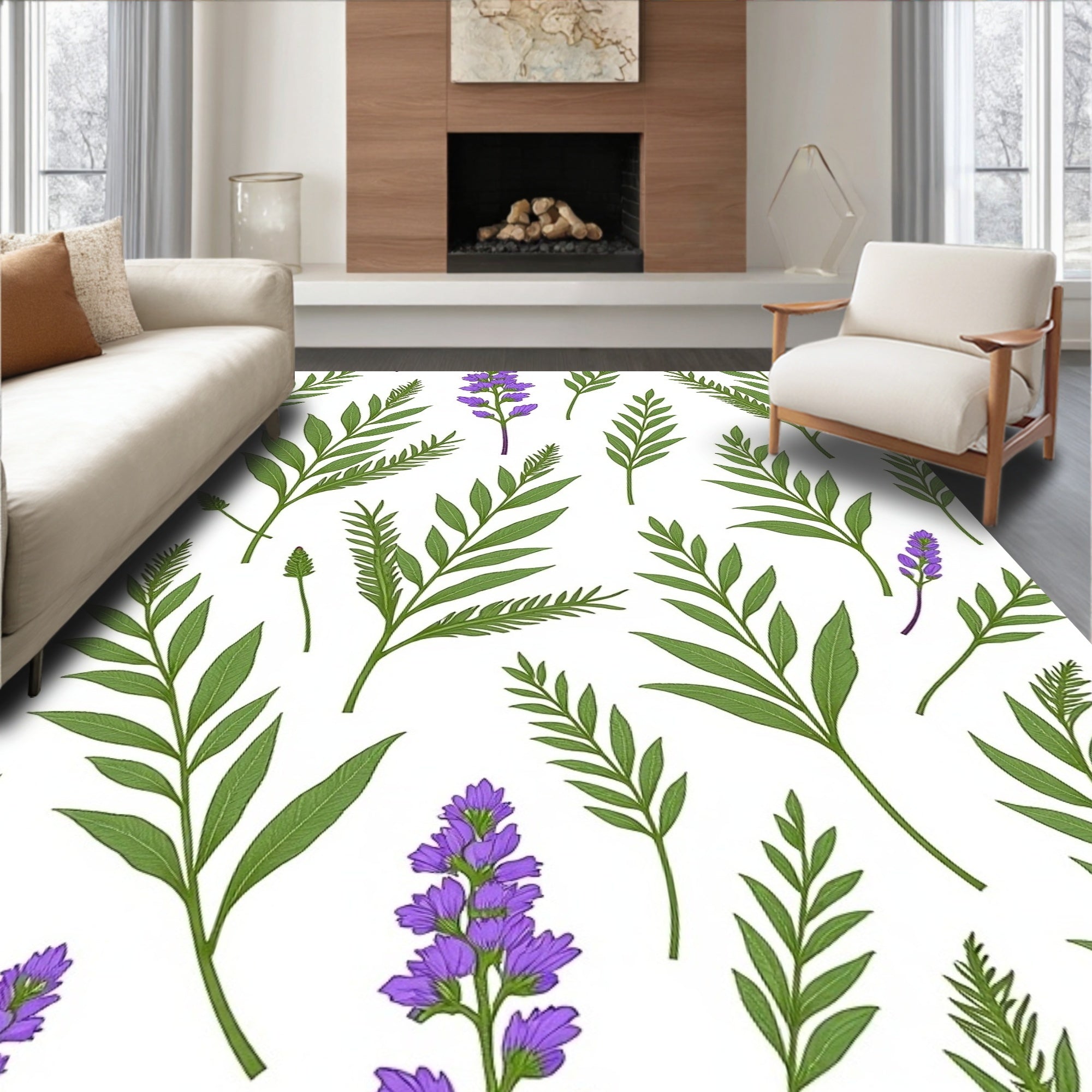 Purple Lavender Green Leafy Branch Rug