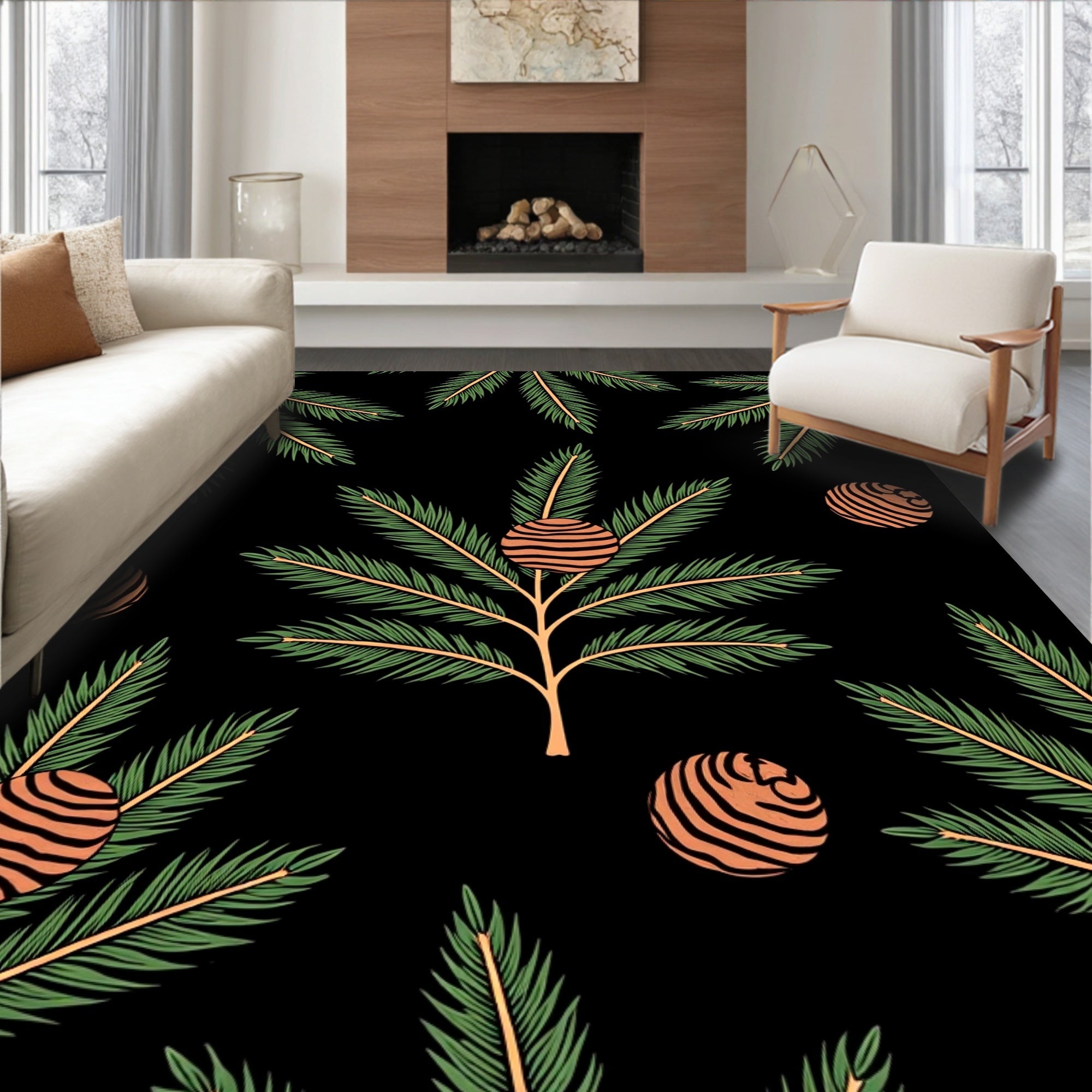 Green Fir Branch Orange Orb Rug