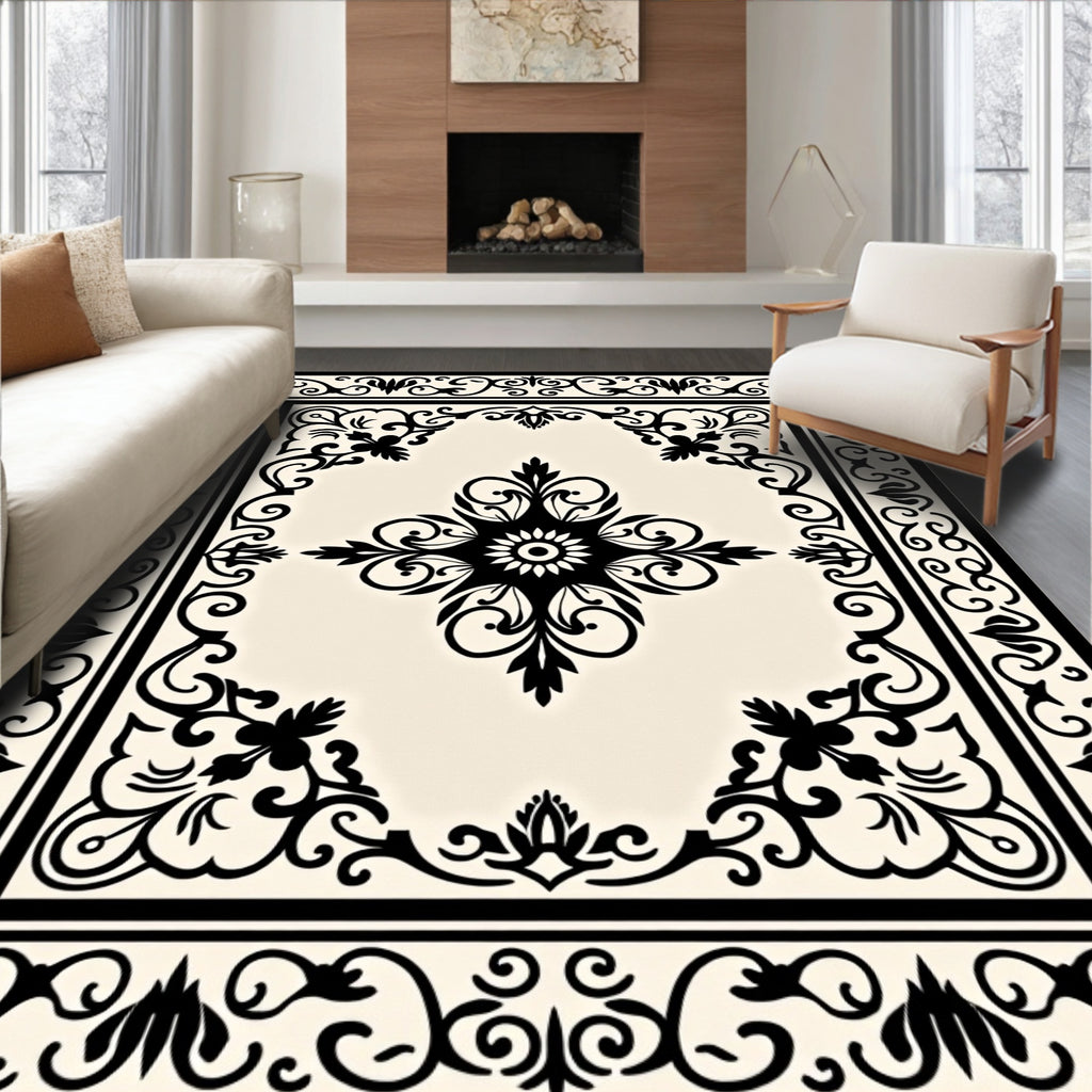 Classic Black Cream Medallion Border Rug