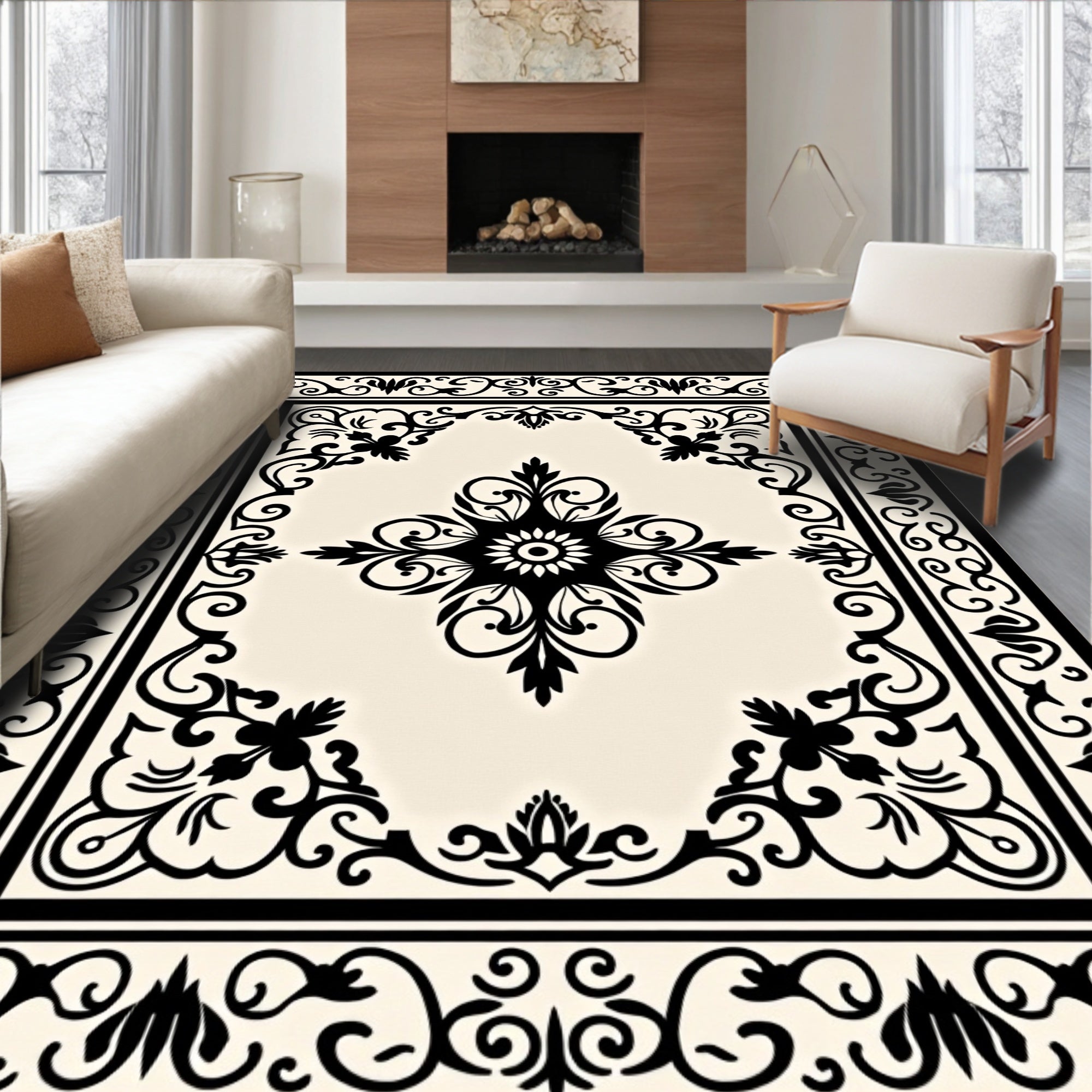 Classic Black Cream Medallion Border Rug