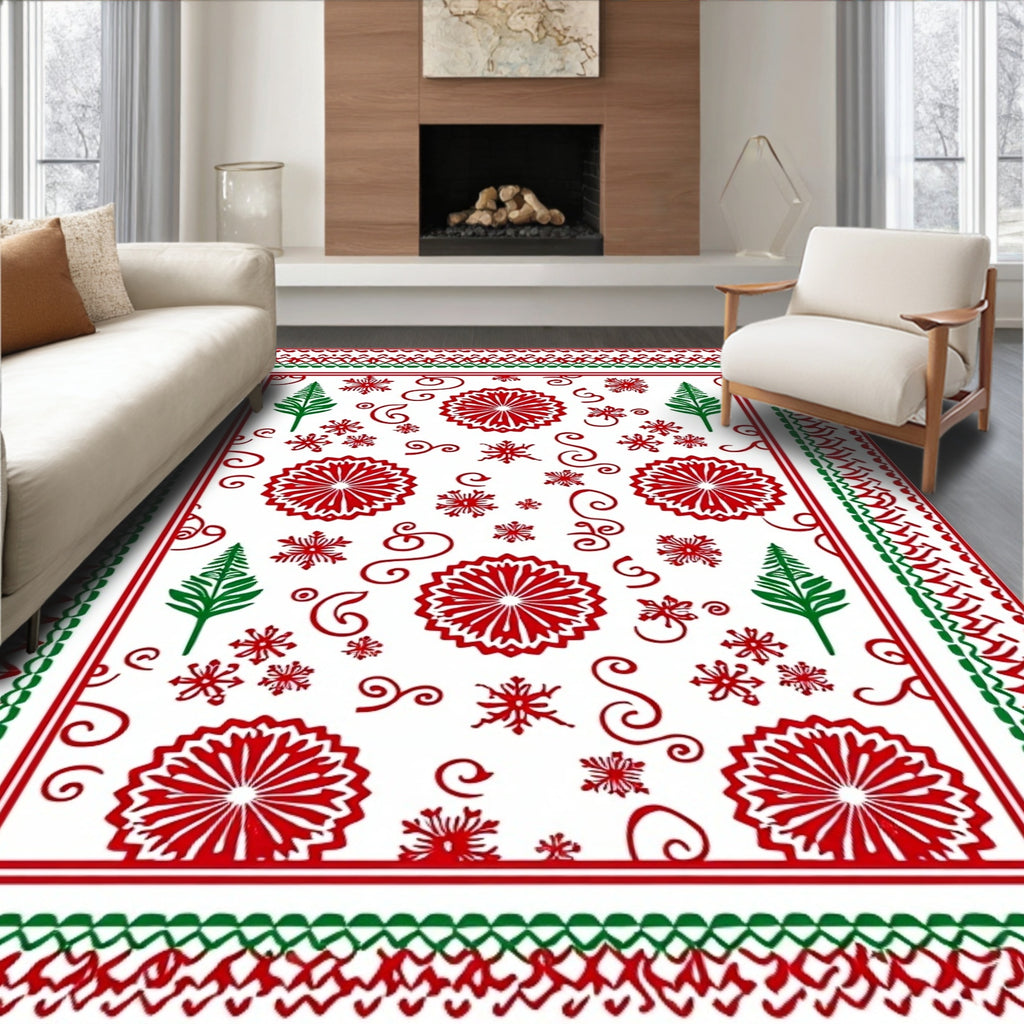 Red Green Snowflake Tree Medallion Border Rug