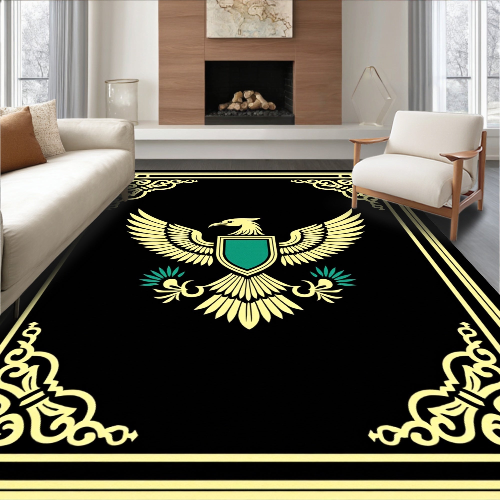 Golden Eagle Crest Black Border Rug