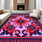 Pink Red Blue Floral Mandala Border Rectangular Rug