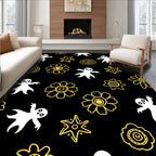 Whimsical Black White Yellow Ghost Flowers Rug