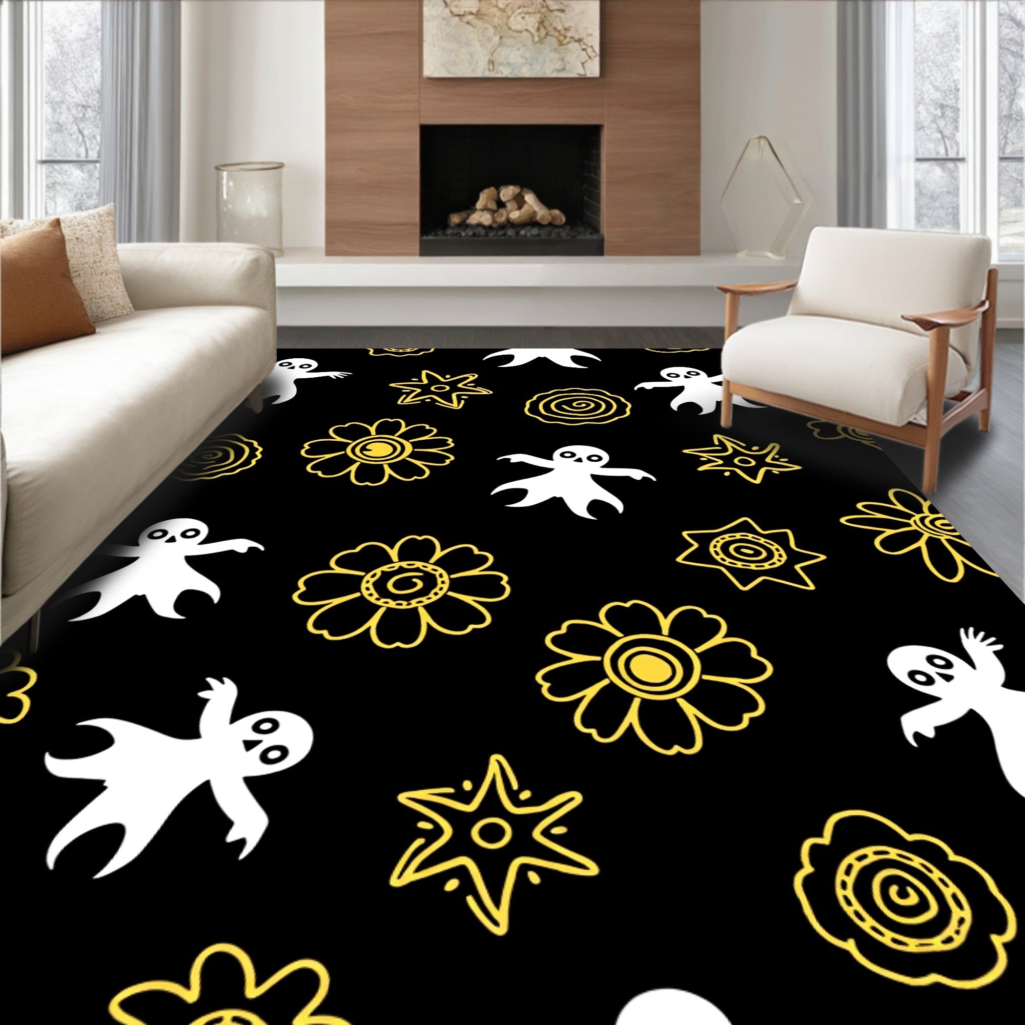 Whimsical Black White Yellow Ghost Flowers Rug