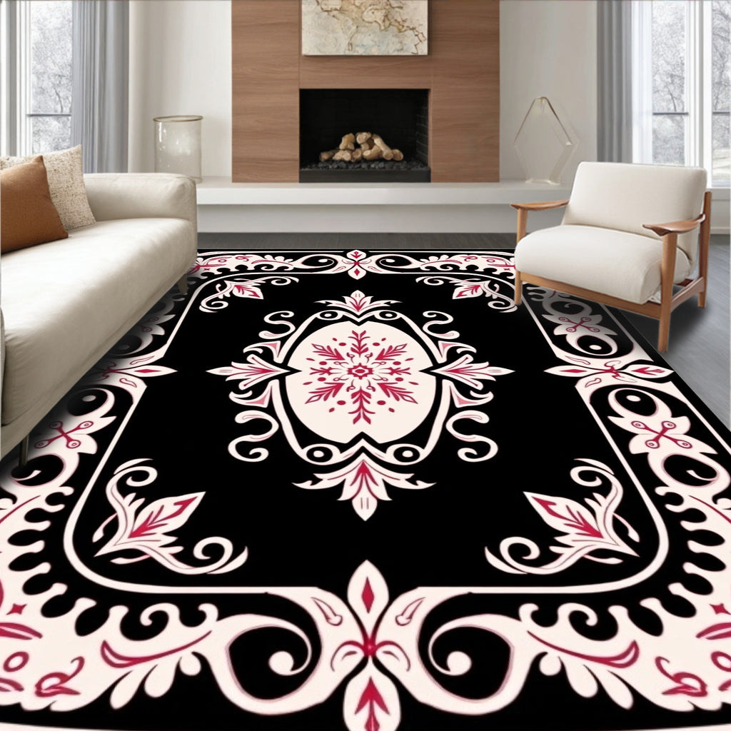 Crimson Floral Medallion Black Cream Rug