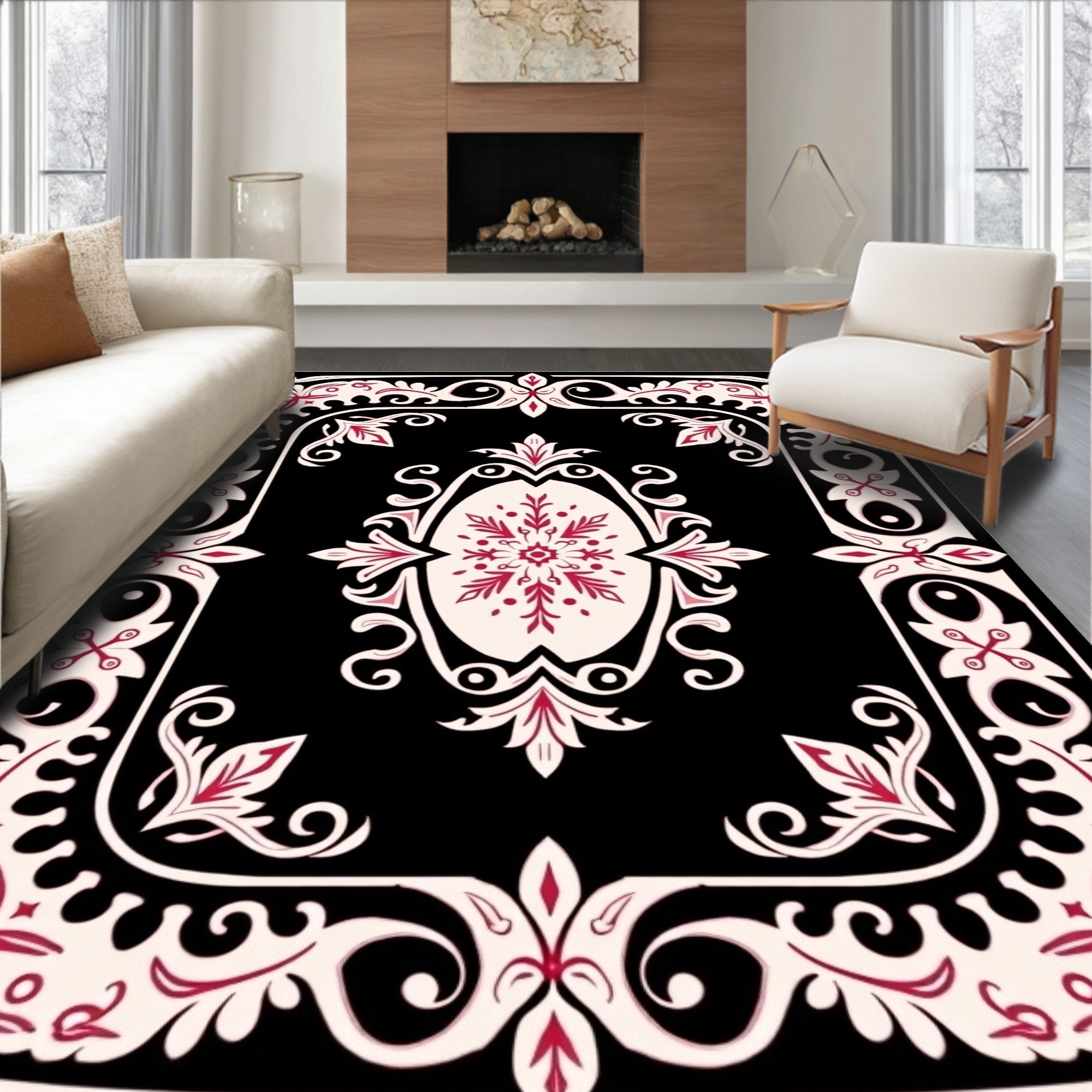Crimson Floral Medallion Black Cream Rug