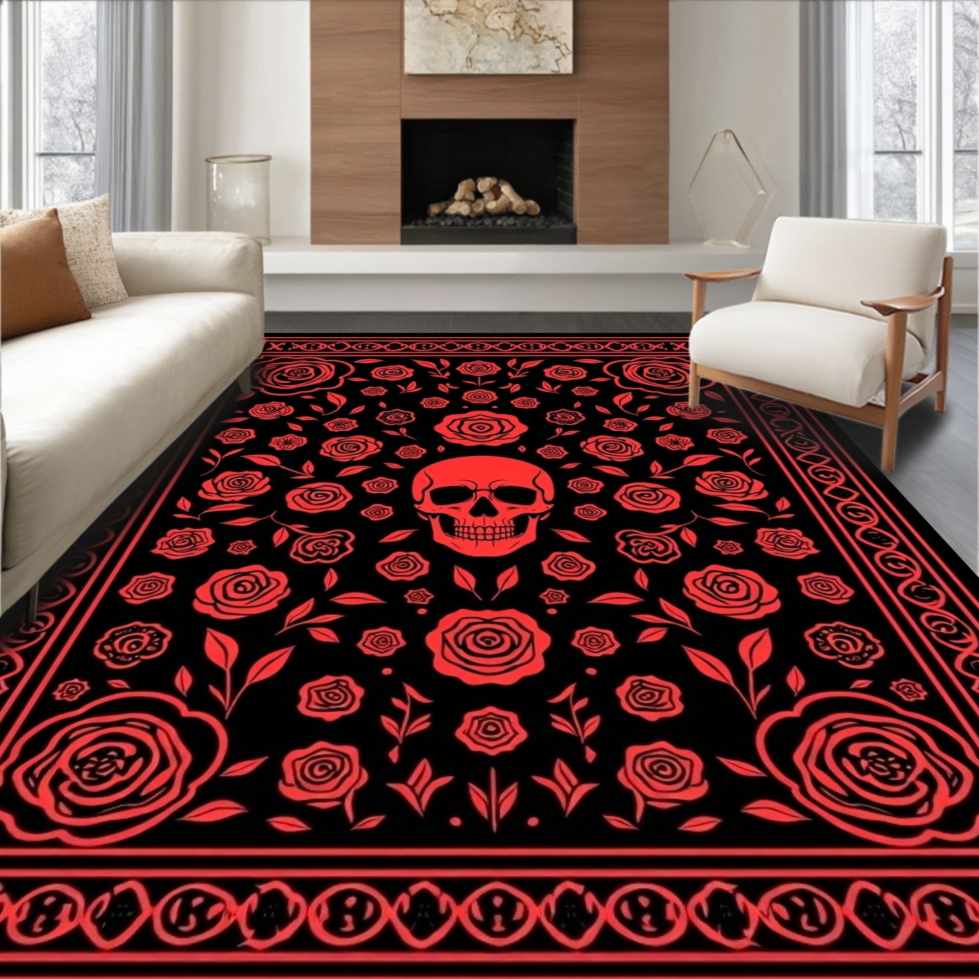 Red Skull Floral Rose Medallion Rug