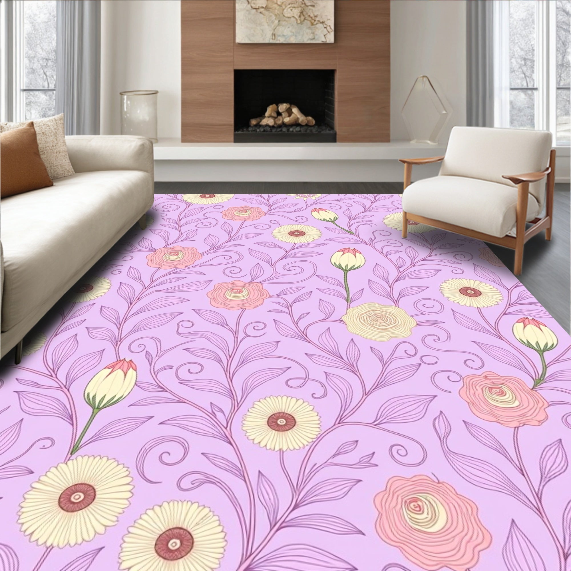 Pastel Lilac Floral Garden Swirls Rug