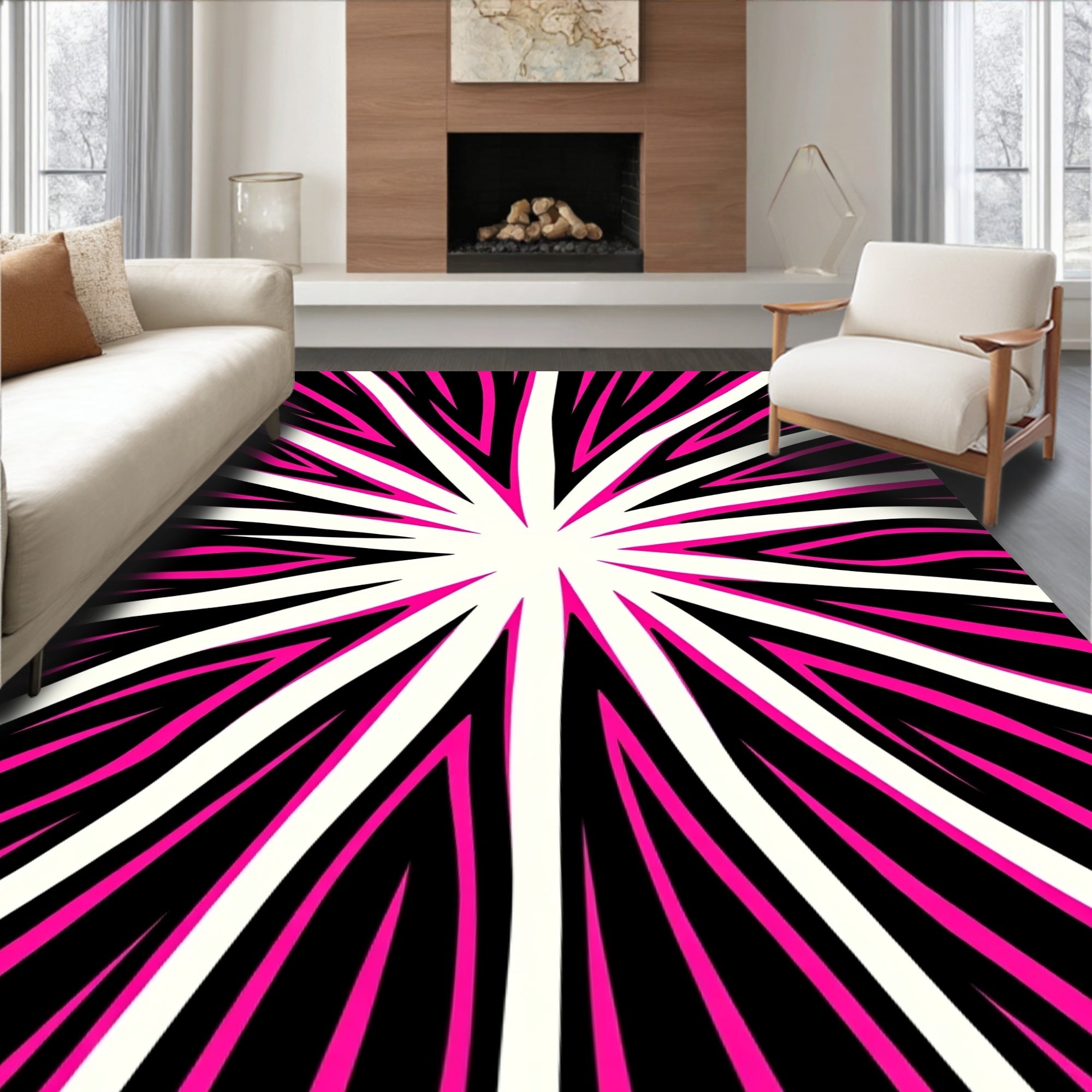 Vibrant Pink Black Sunburst Rays Rug