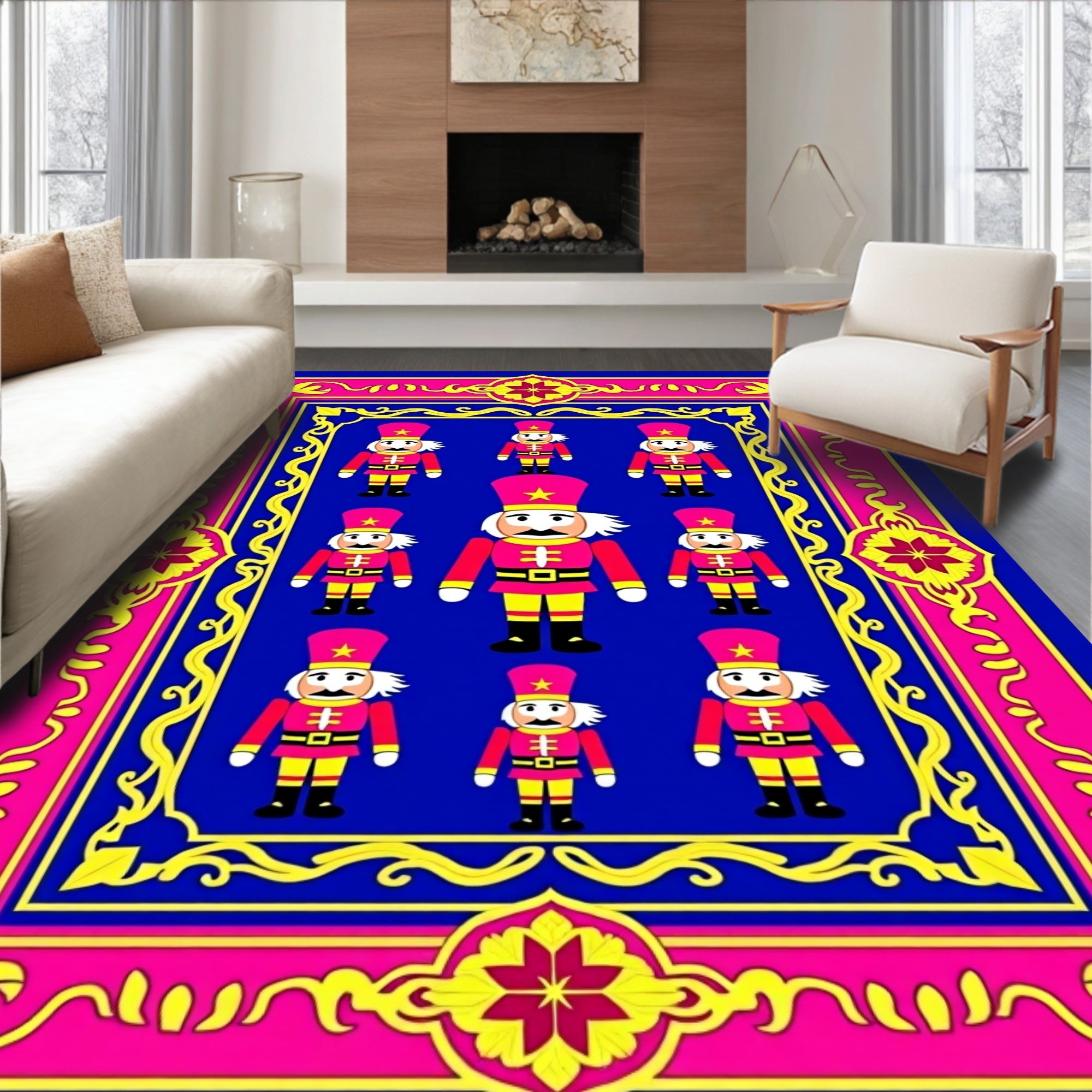 Bold Nutcracker Navy Pink Yellow Frame Rug