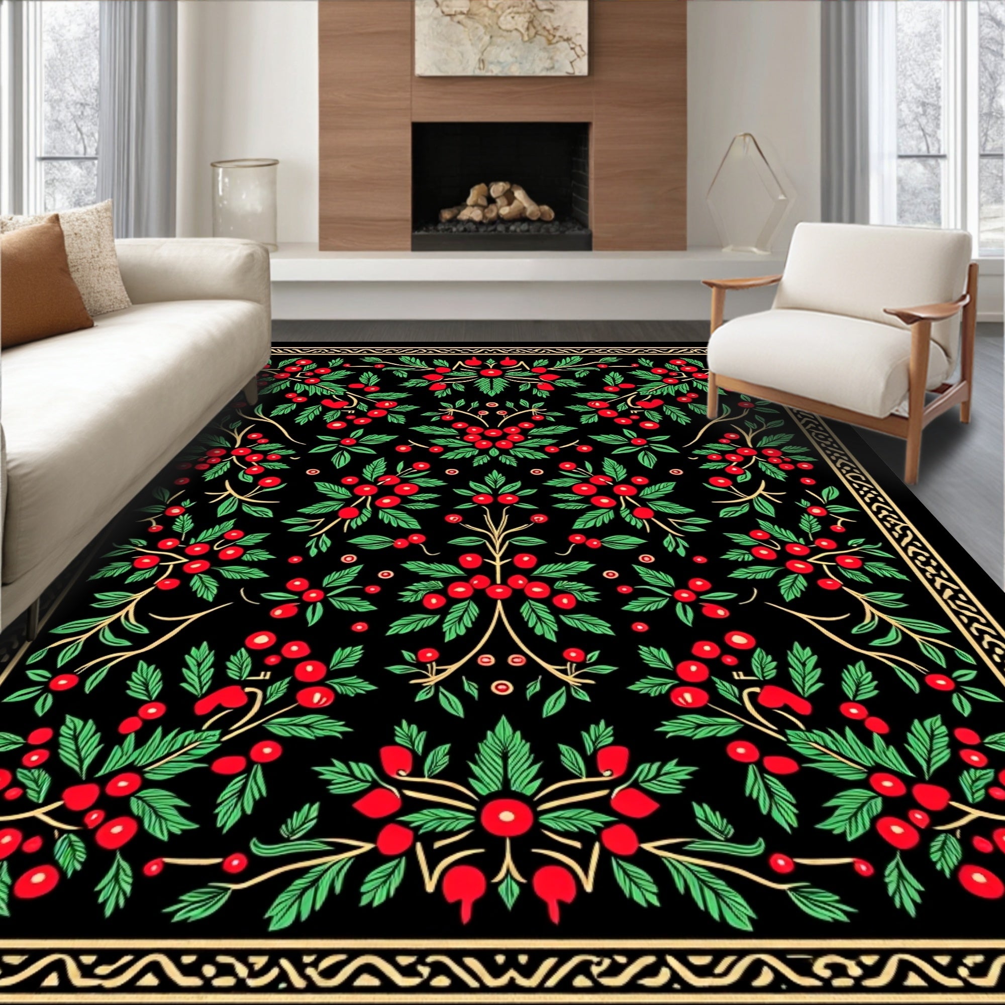 Vintage Black Red Berry Vines Rug