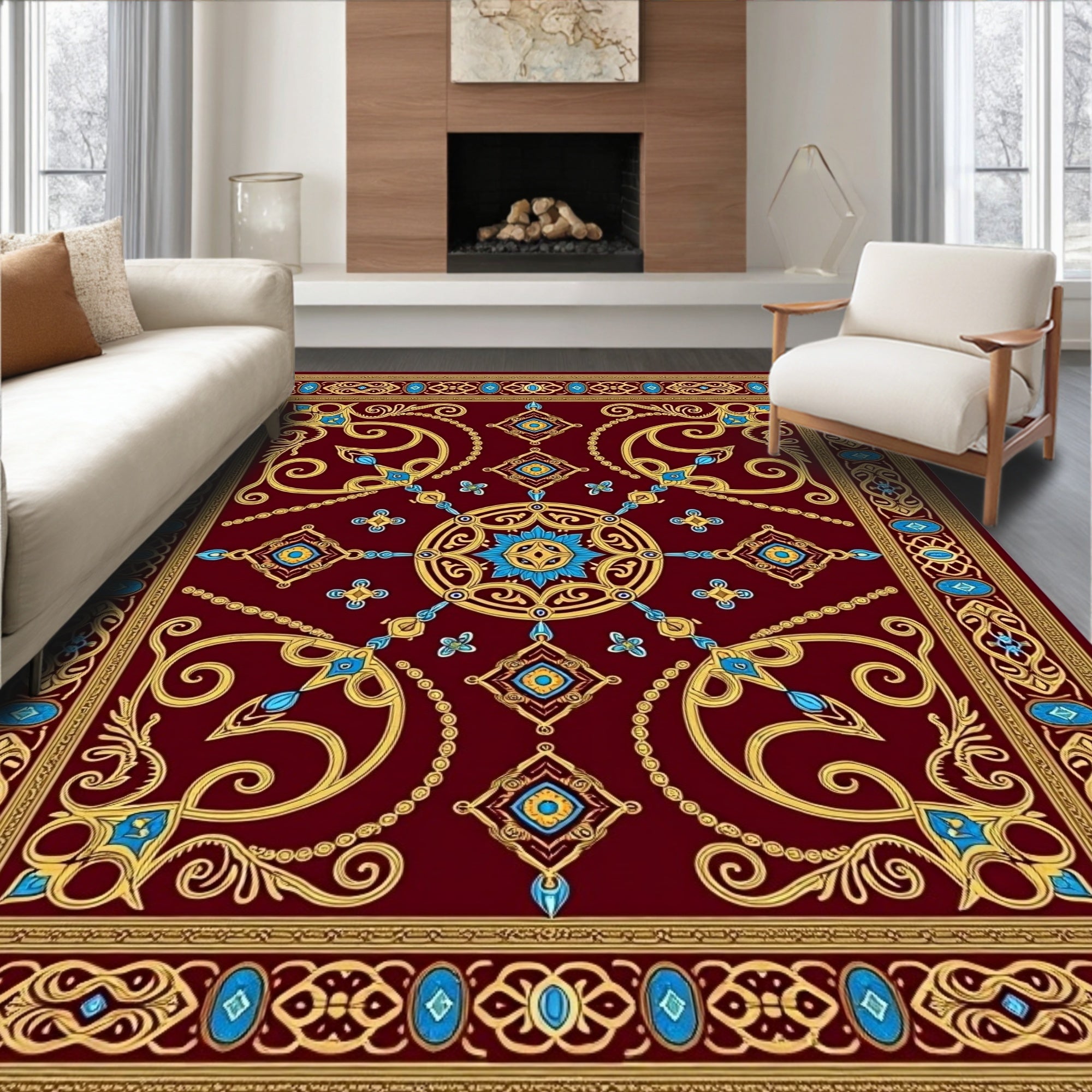 Regal Burgundy Gold Blue Medallion Border Rug