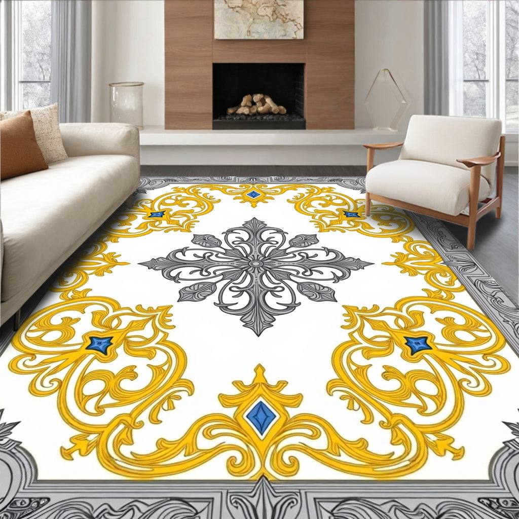 Regal Gray Golden Scroll Medallion Rug