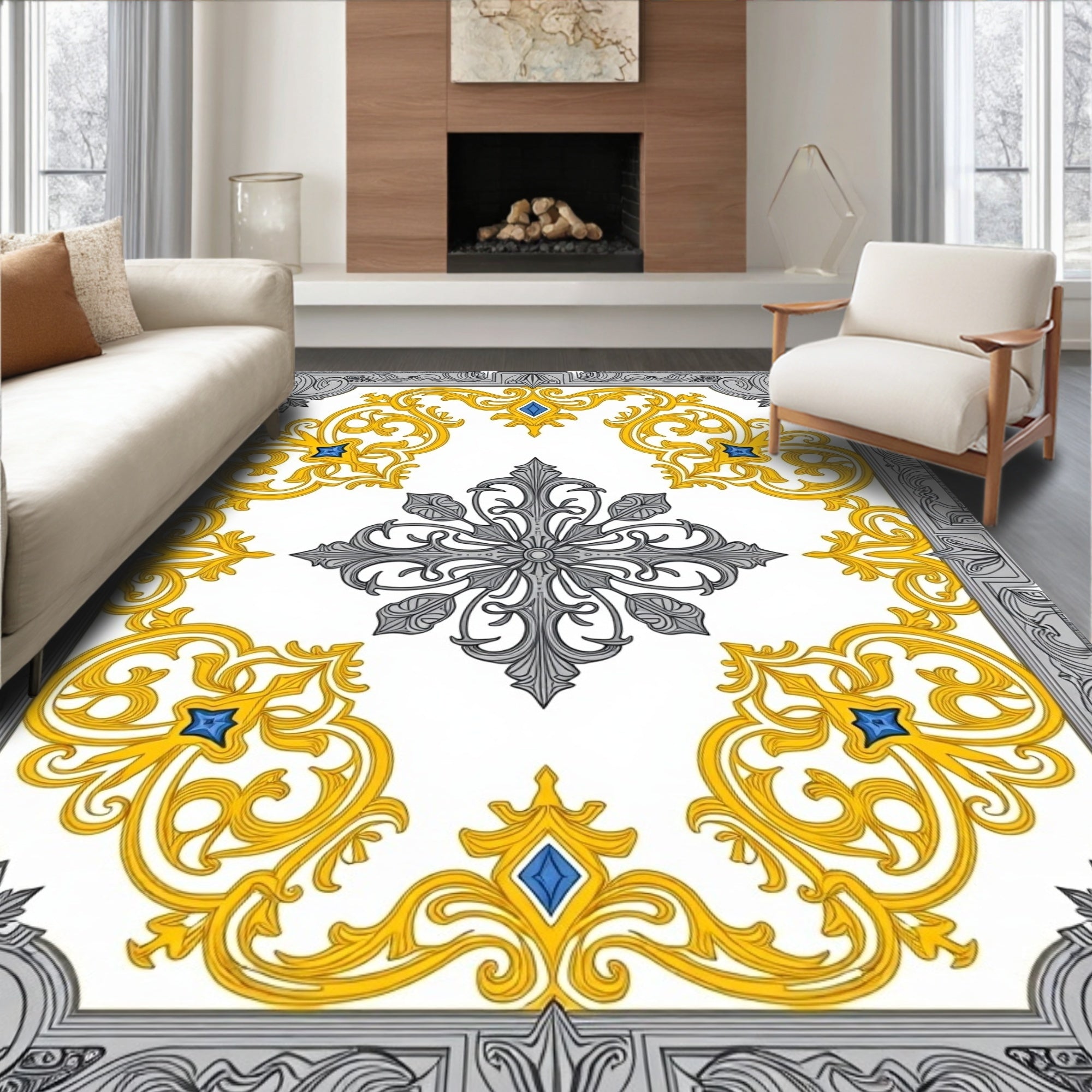 Regal Gray Golden Scroll Medallion Rug