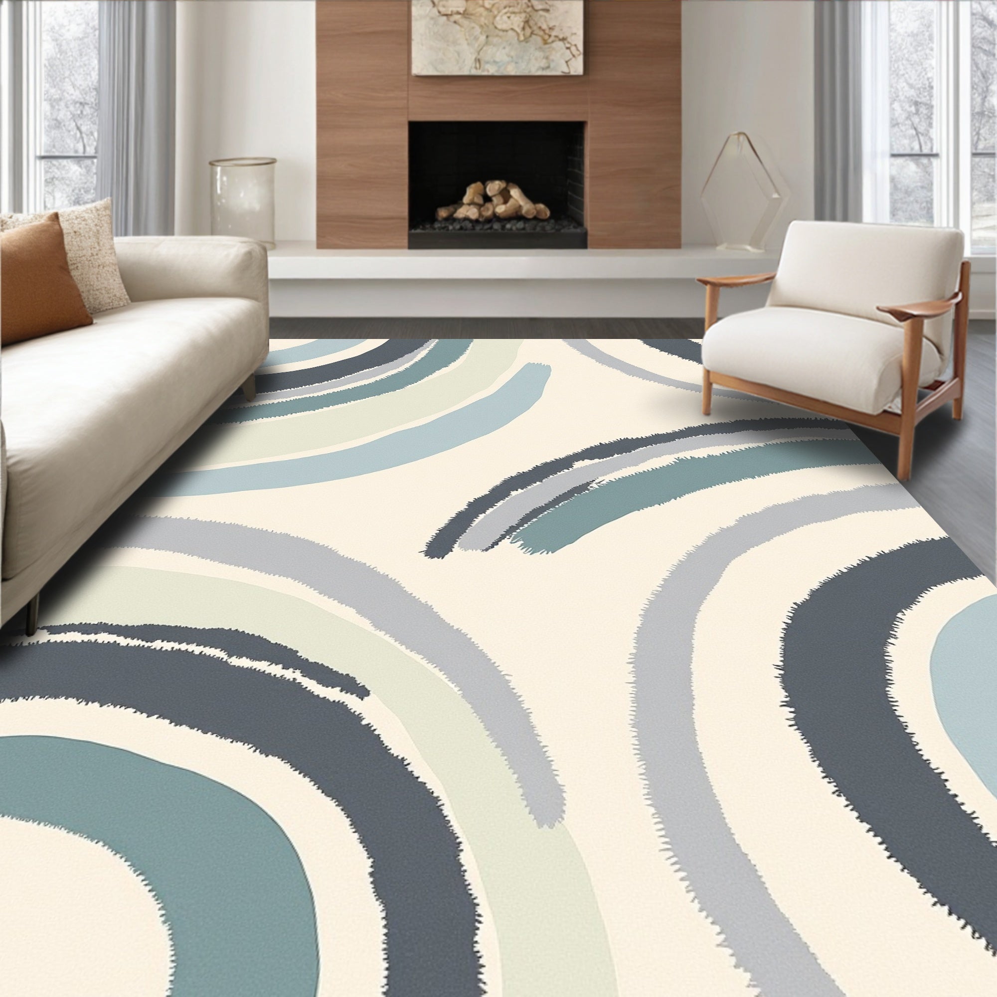 Coastal Blue Arc Brushstrokes Rug