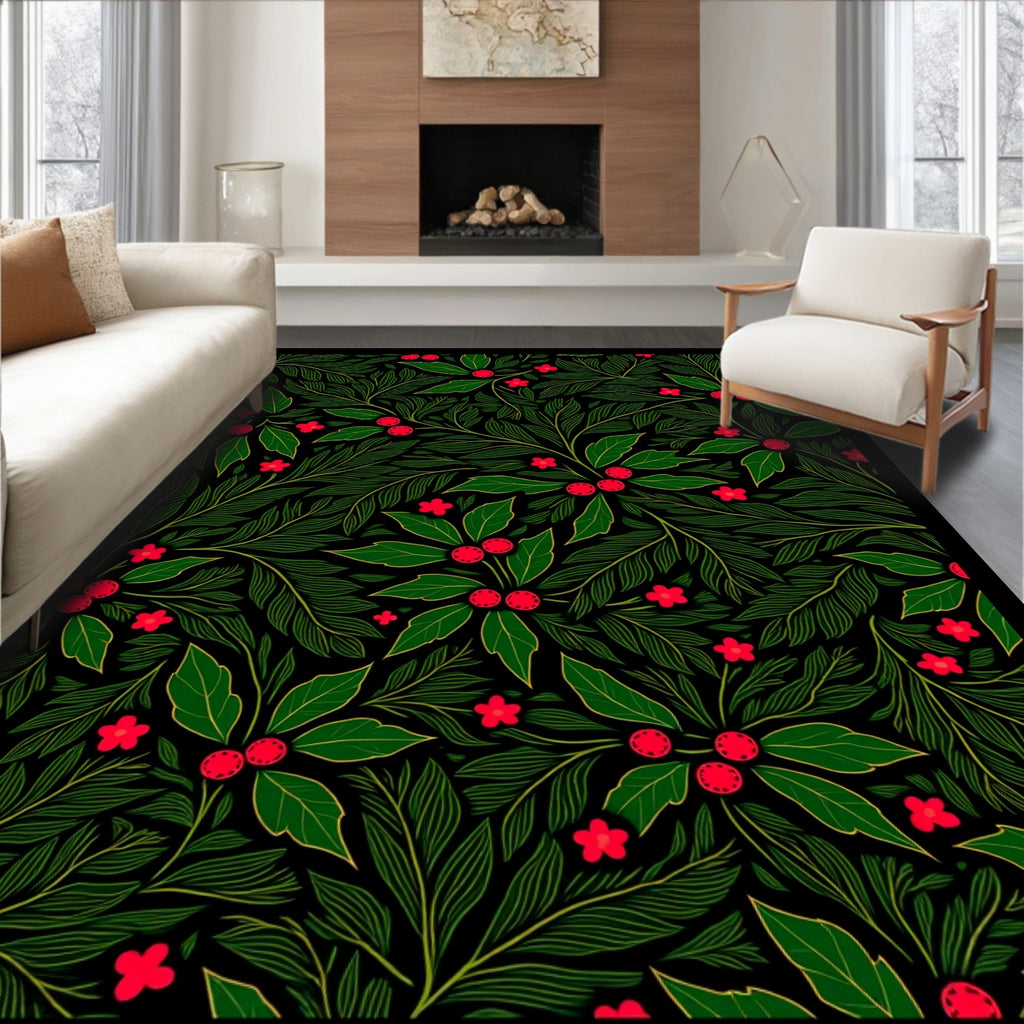 Dark Green Red Berry Holly Garland Rug