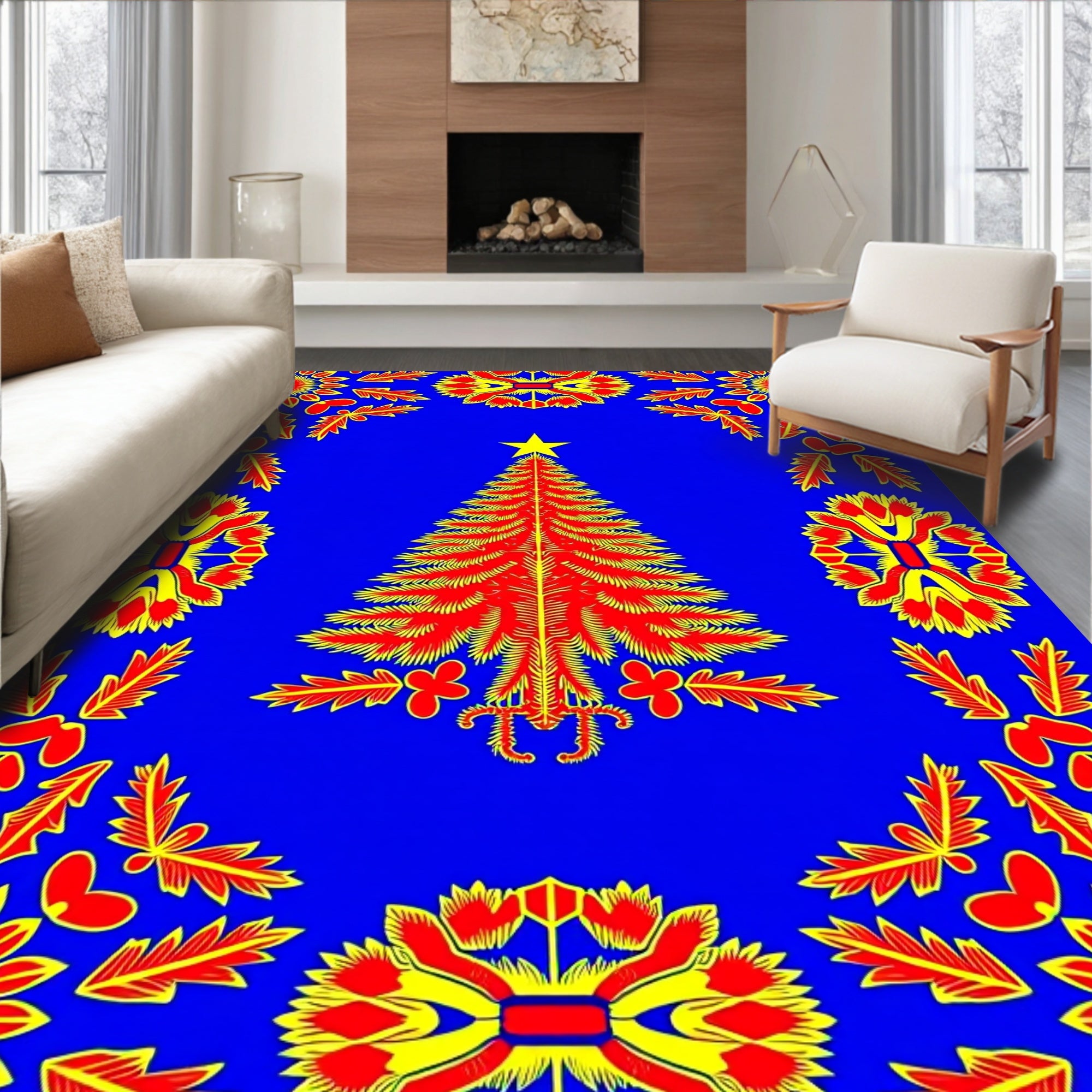 Vibrant Red Christmas Tree Border Rug