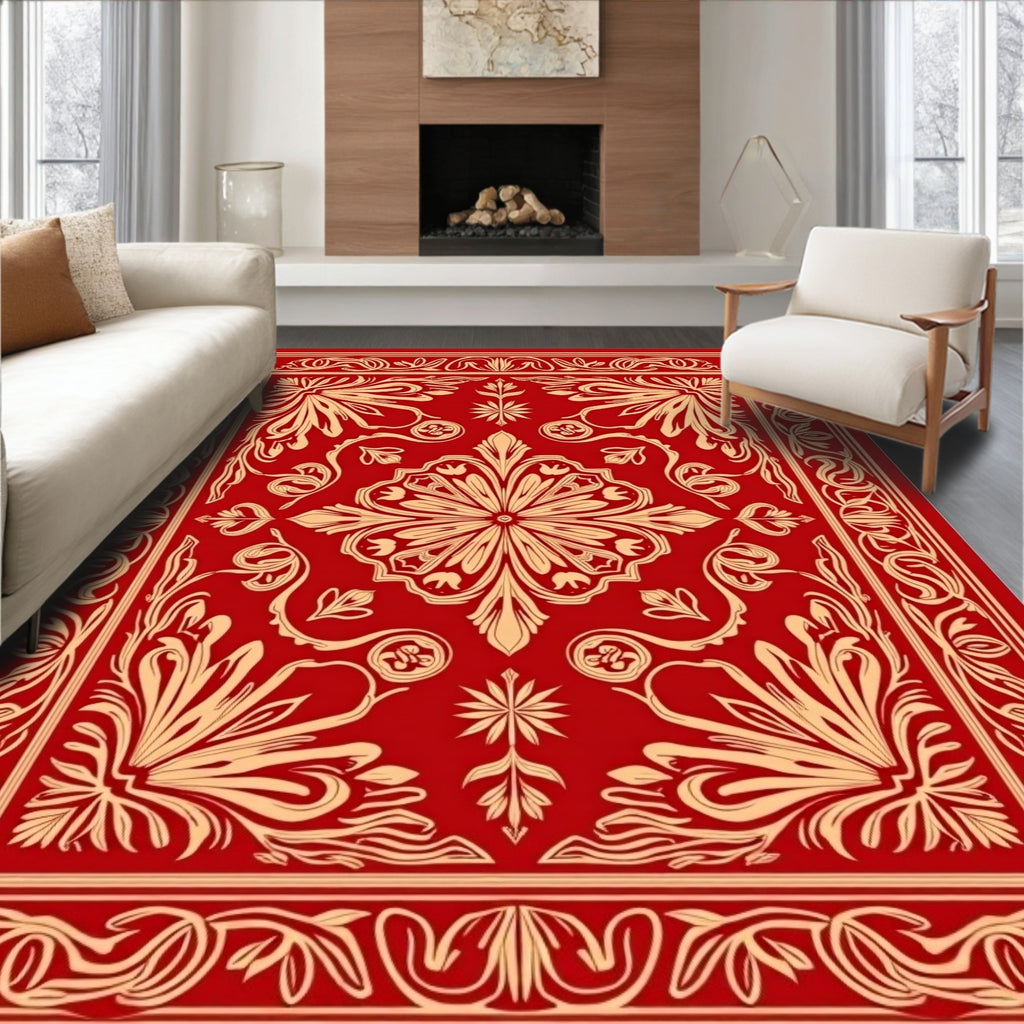 Elegant Red Floral Square Medallion Rug