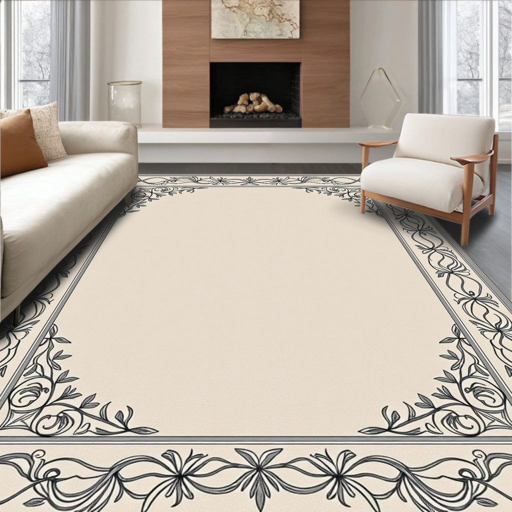 Elegant Monochrome Floral Scroll Border Rug