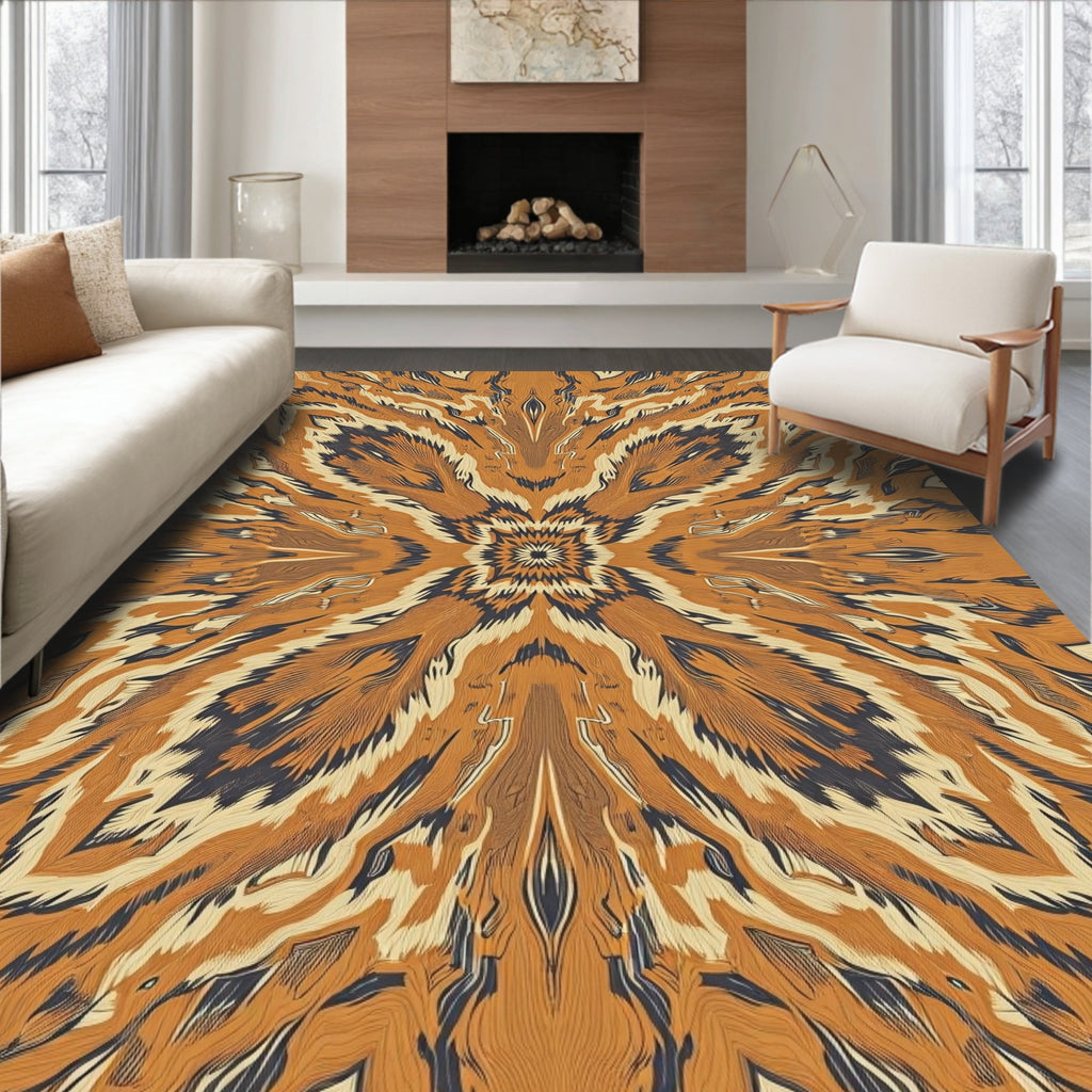 Vibrant Amber Wood Grain Mandala Rug