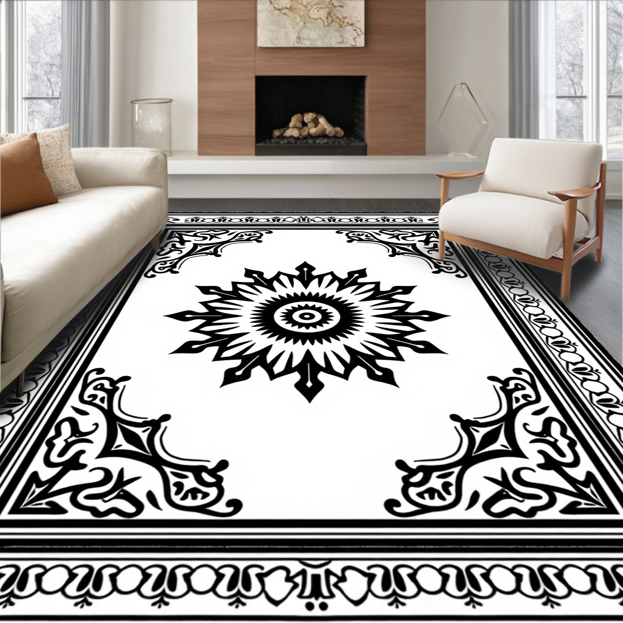 Black and White Stylized Sun Medallion Border Rug