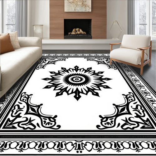 Black and White Stylized Sun Medallion Border Rug