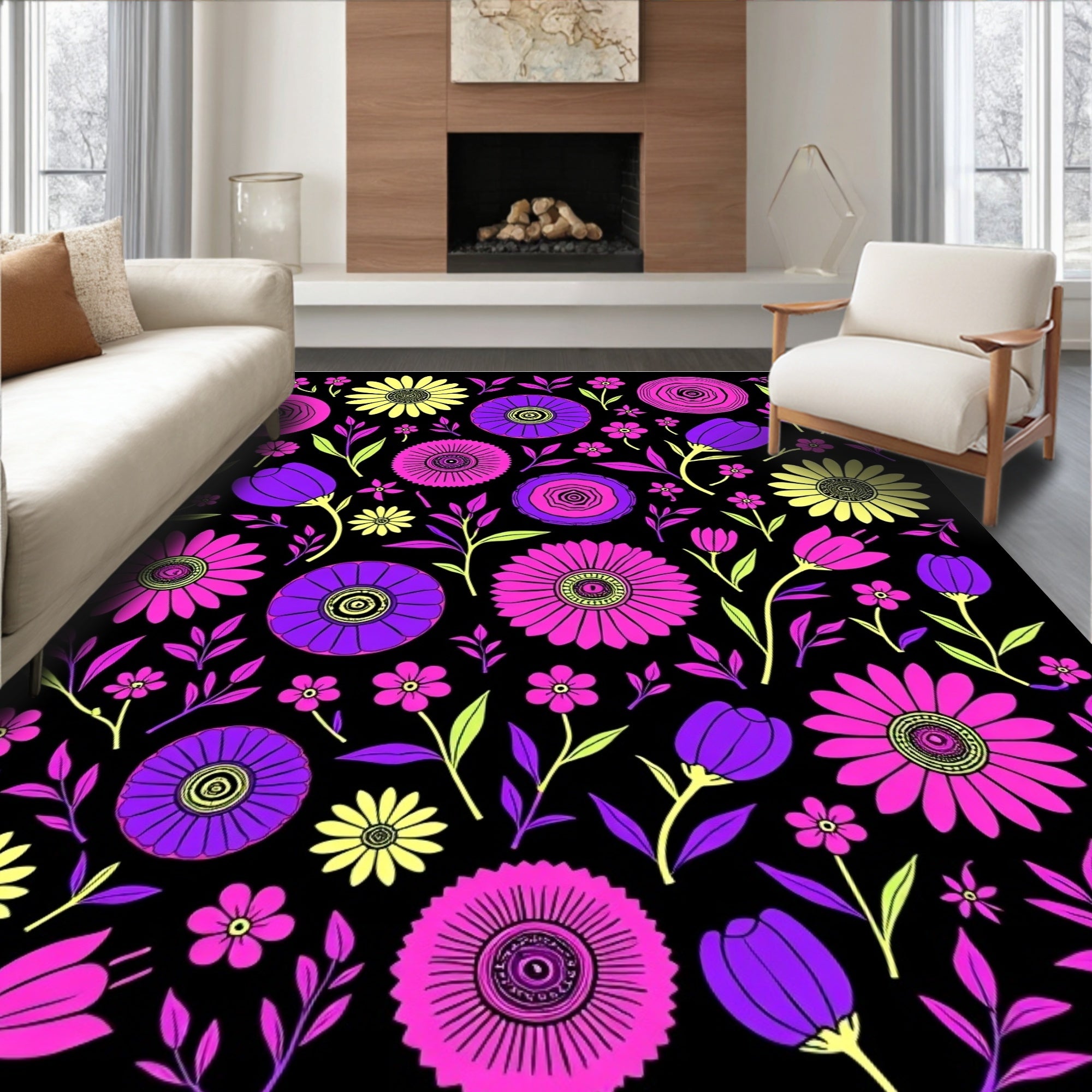 Vivid Violet Pink Yellow Floral Collage Rug