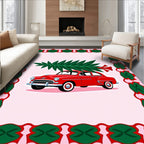 Classic Red Car Christmas Tree Border Rug