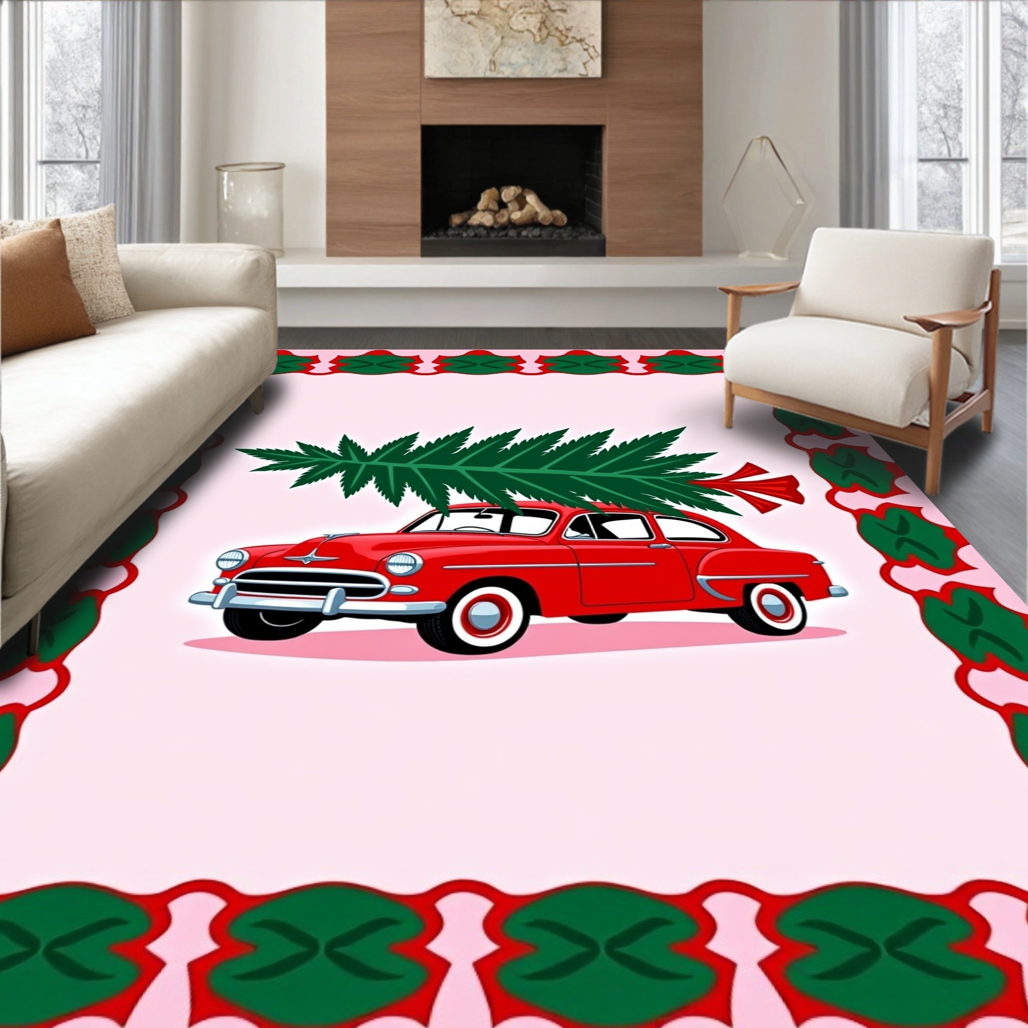 Classic Red Car Christmas Tree Border Rug