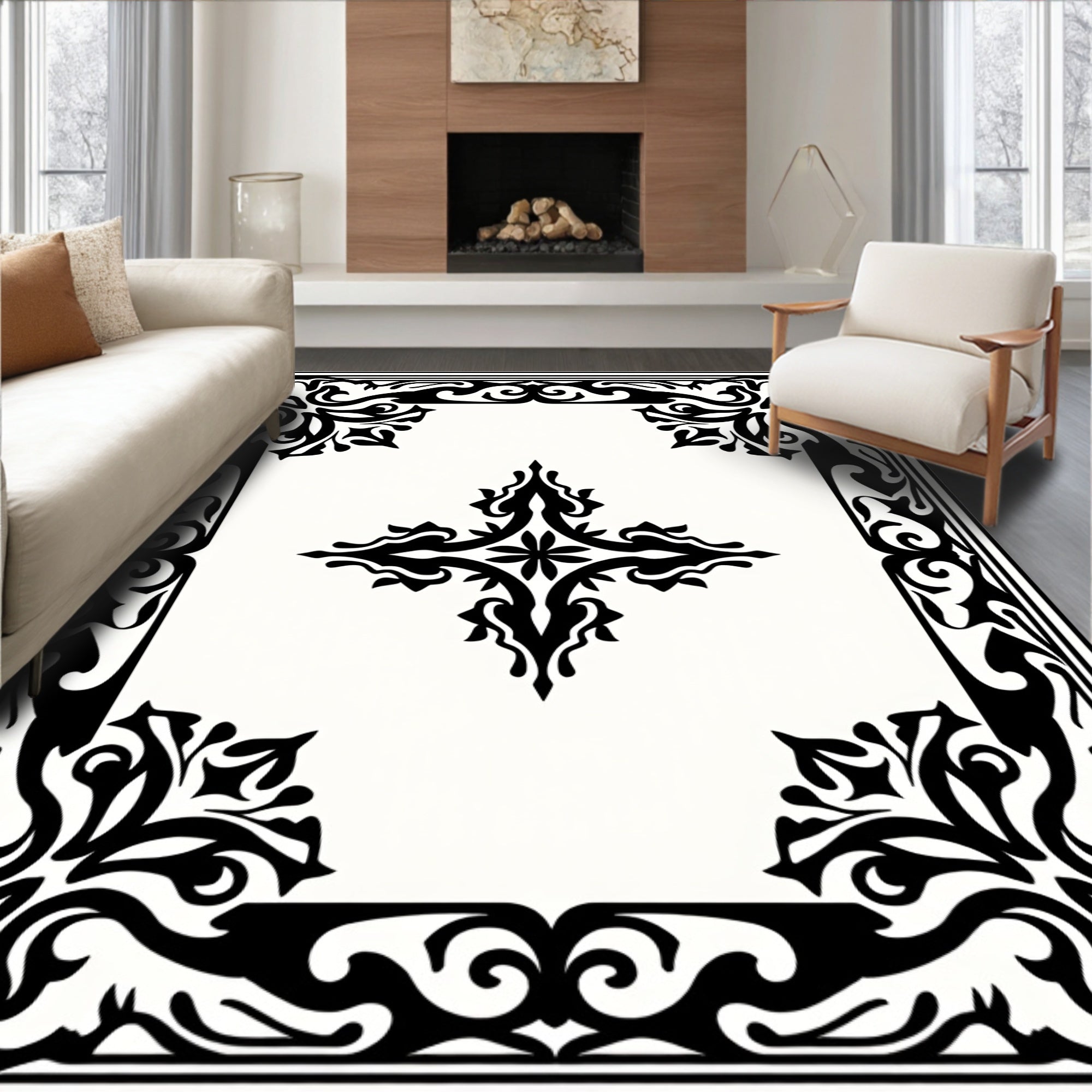 Classic Black Filigree Mandala Border Rug