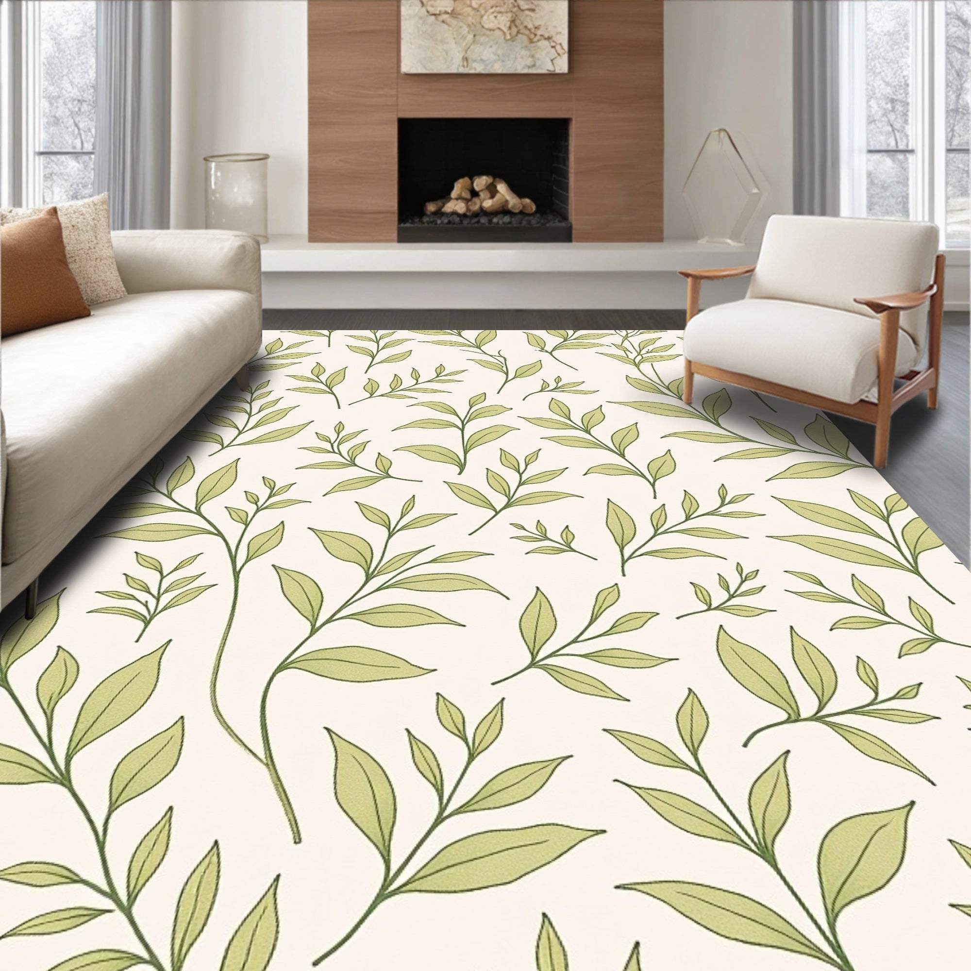 Pale Green Leafy Vine Repeating Rug
