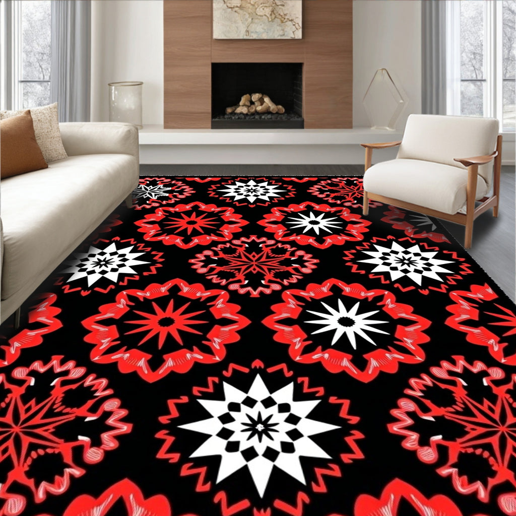 Bold Red and White Starburst Medallions Rug