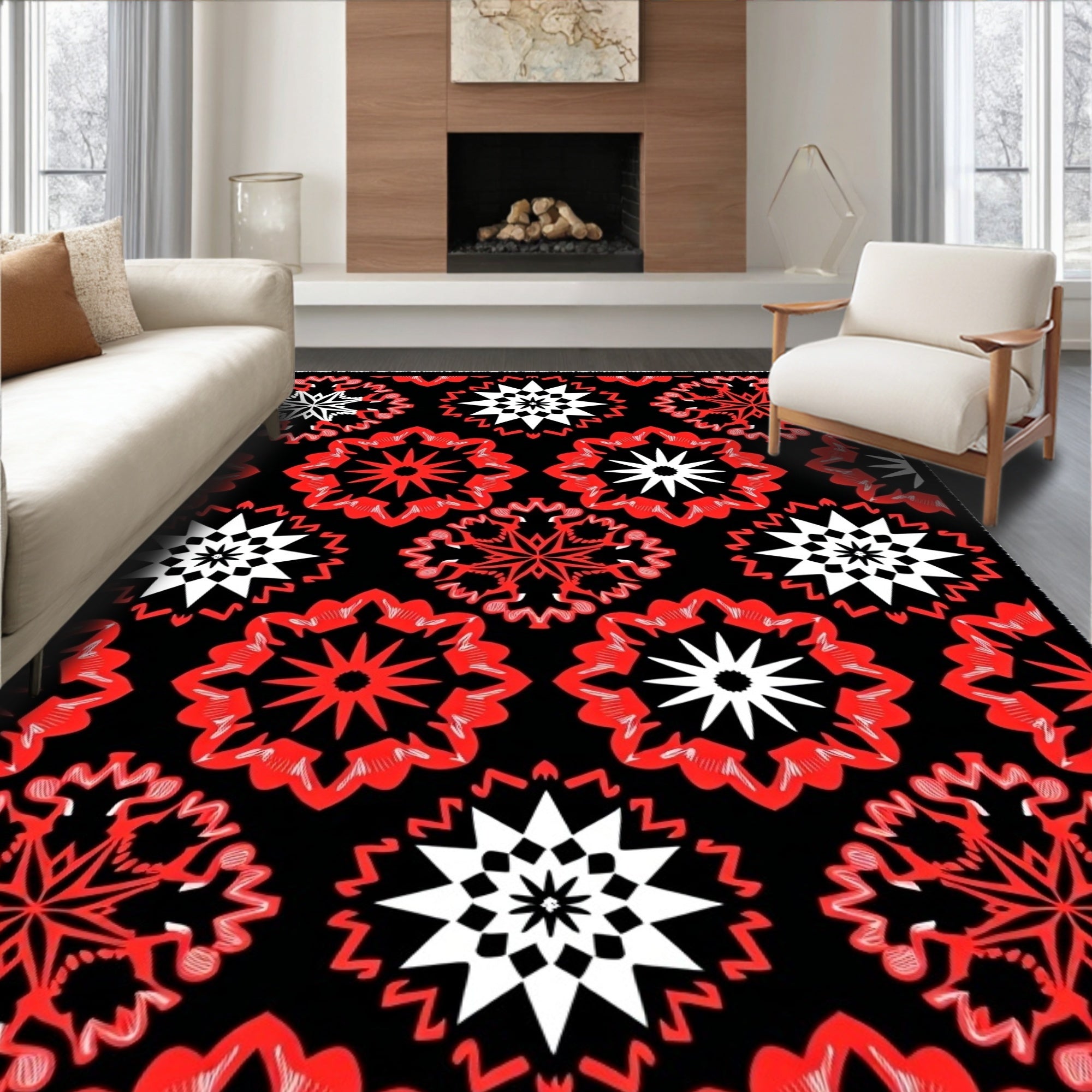 Bold Red and White Starburst Medallions Rug
