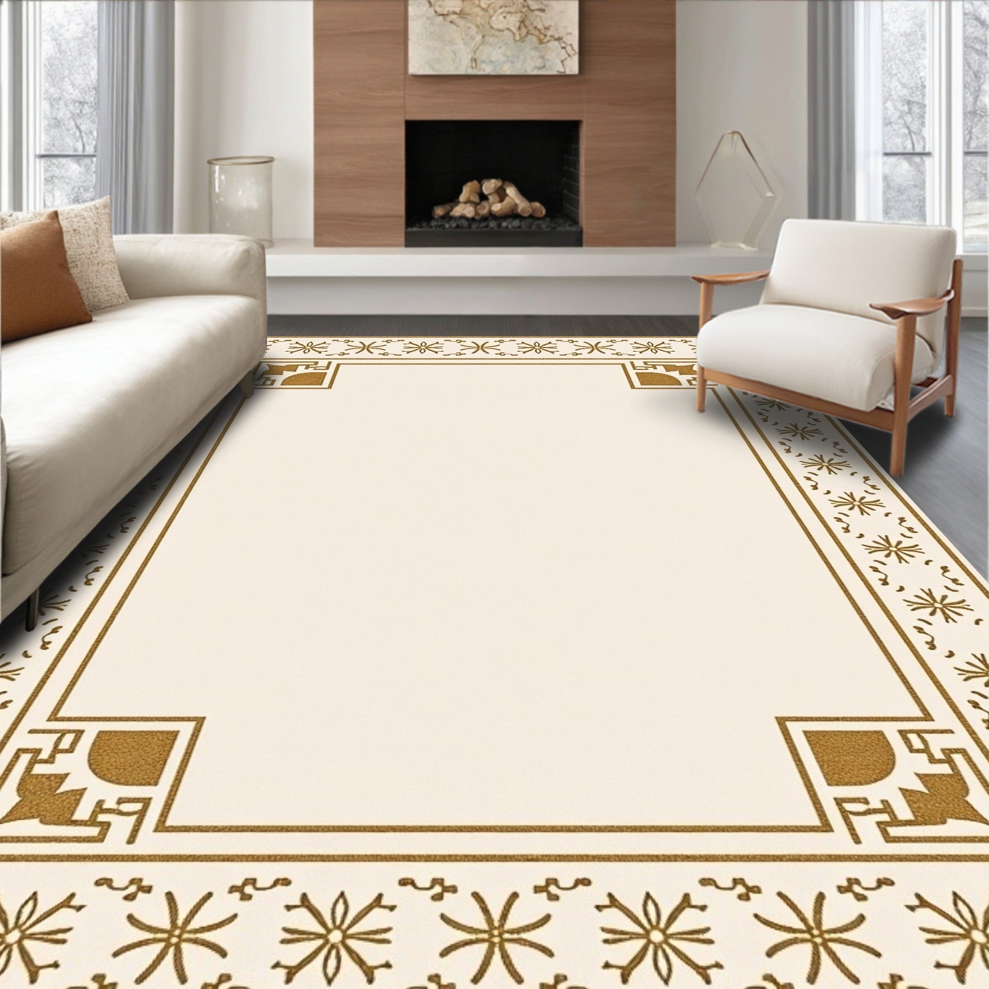 Gold Floral Bordered Cream Rug