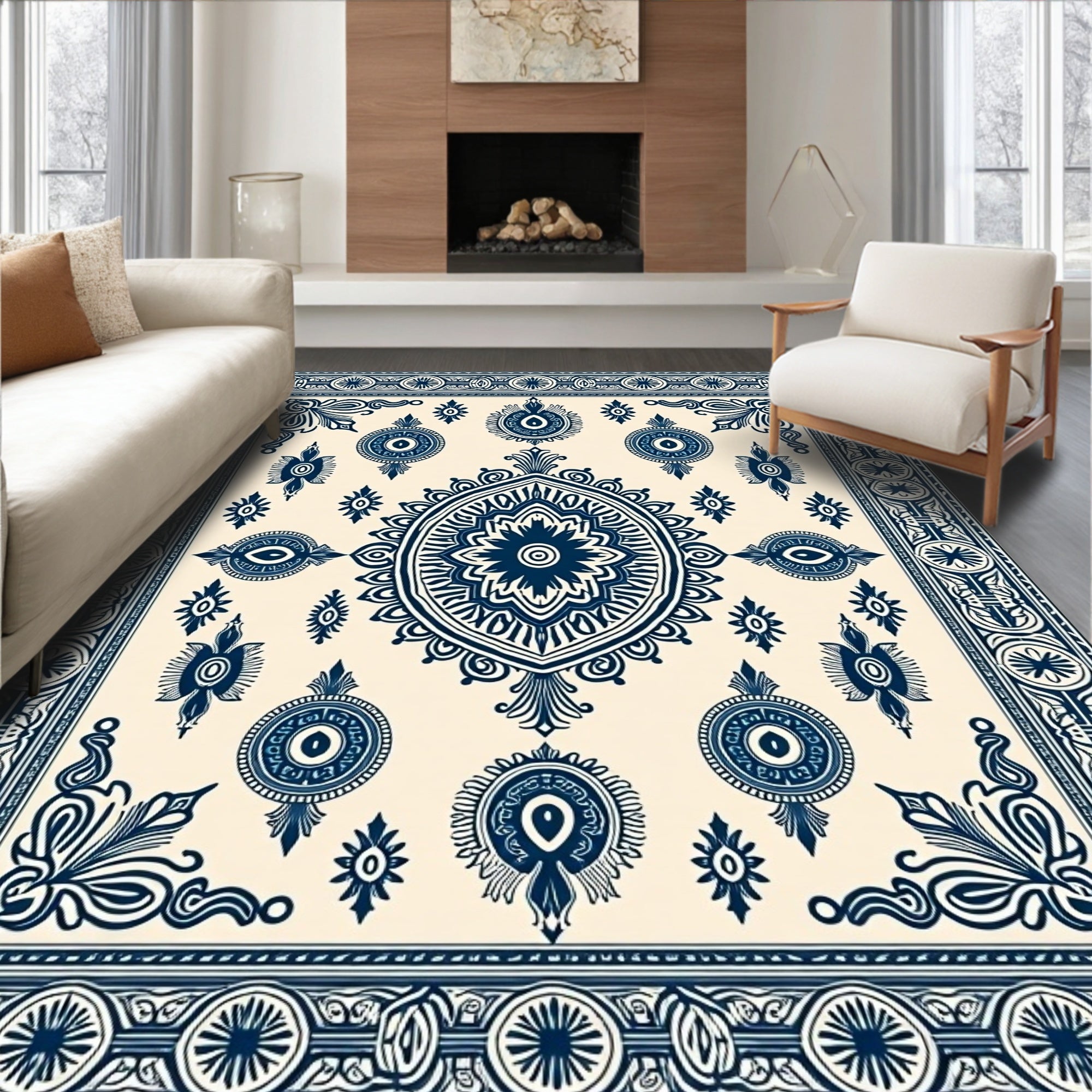 Deep Blue Medallion Garden Border Rug