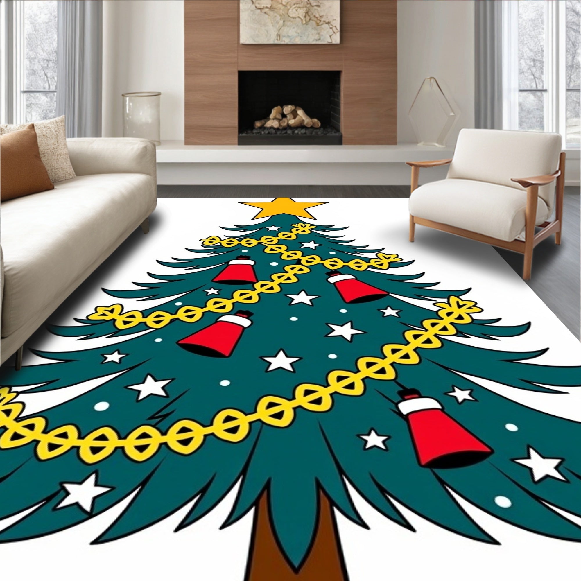 Festive Green Christmas Tree Bells Star Rug