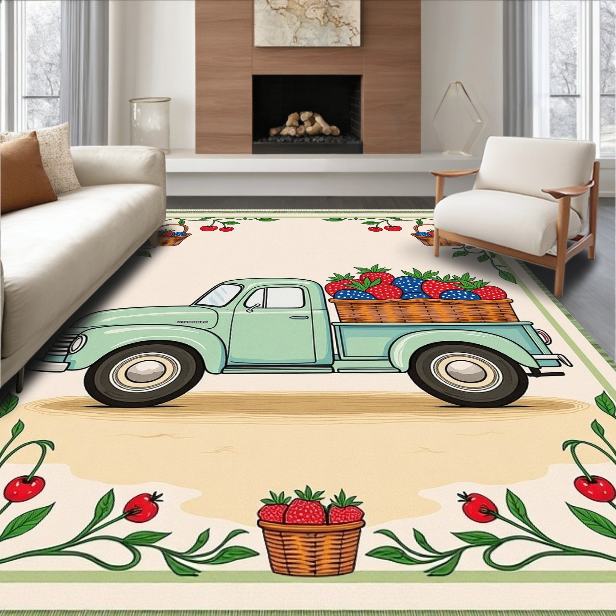 Vintage Mint Truck Fruit Baskets Rug