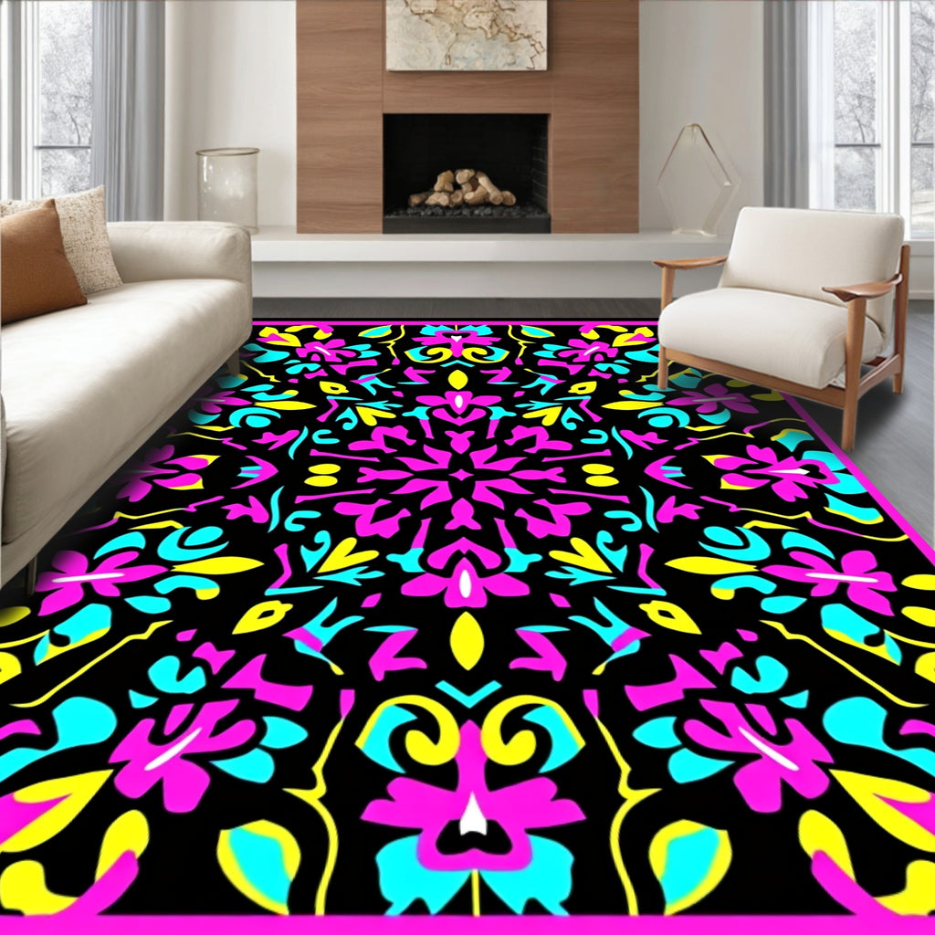 Vibrant Pink Cyan Yellow Floral Mandala Rug