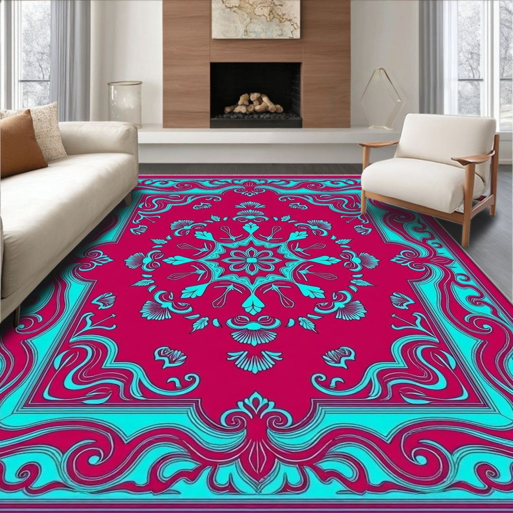 Crimson Teal Floral Scroll Frame Rug