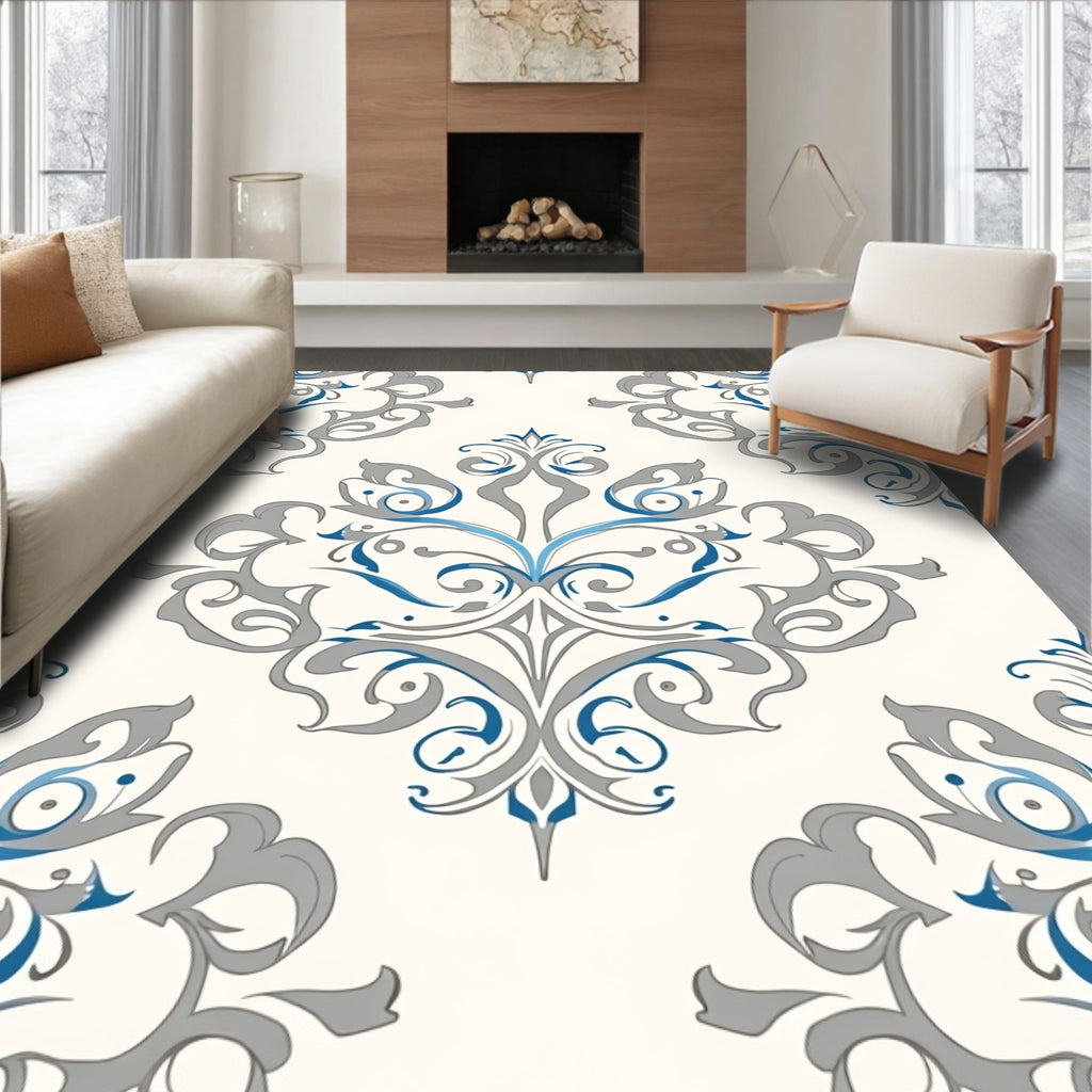 Cream gray blue ornate medallion Rug