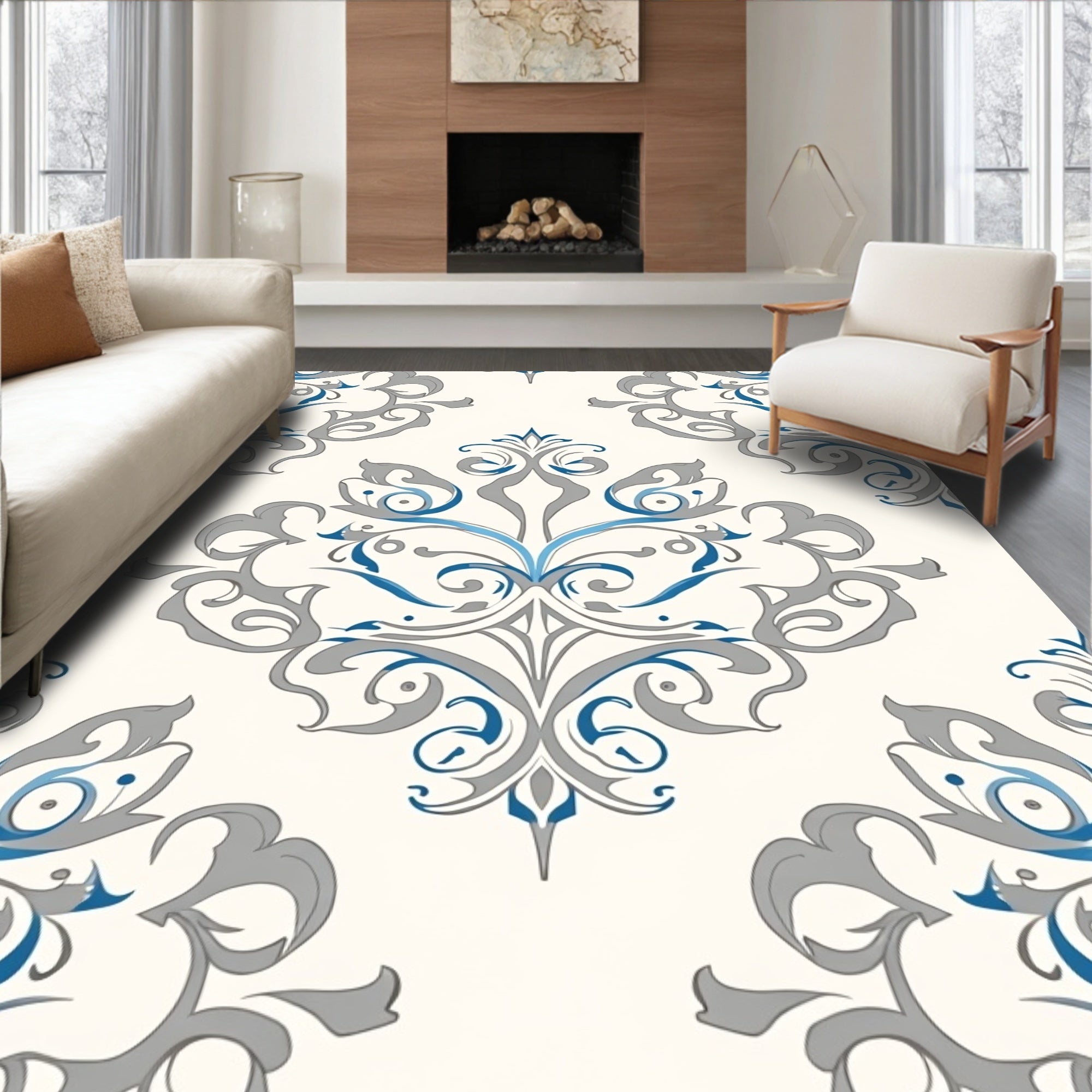 Cream gray blue ornate medallion Rug